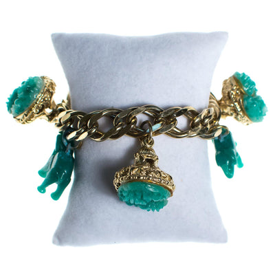 Vintage 1940s Made in Germany Chunky Charm Bracelet with Faux Emerald Jade Glass Elephant and Floral Charms by 1940s - Vintage Meet Modern Vintage Jewelry - Chicago, Illinois - #oldhollywoodglamour #vintagemeetmodern #designervintage #jewelrybox #antiquejewelry #vintagejewelry