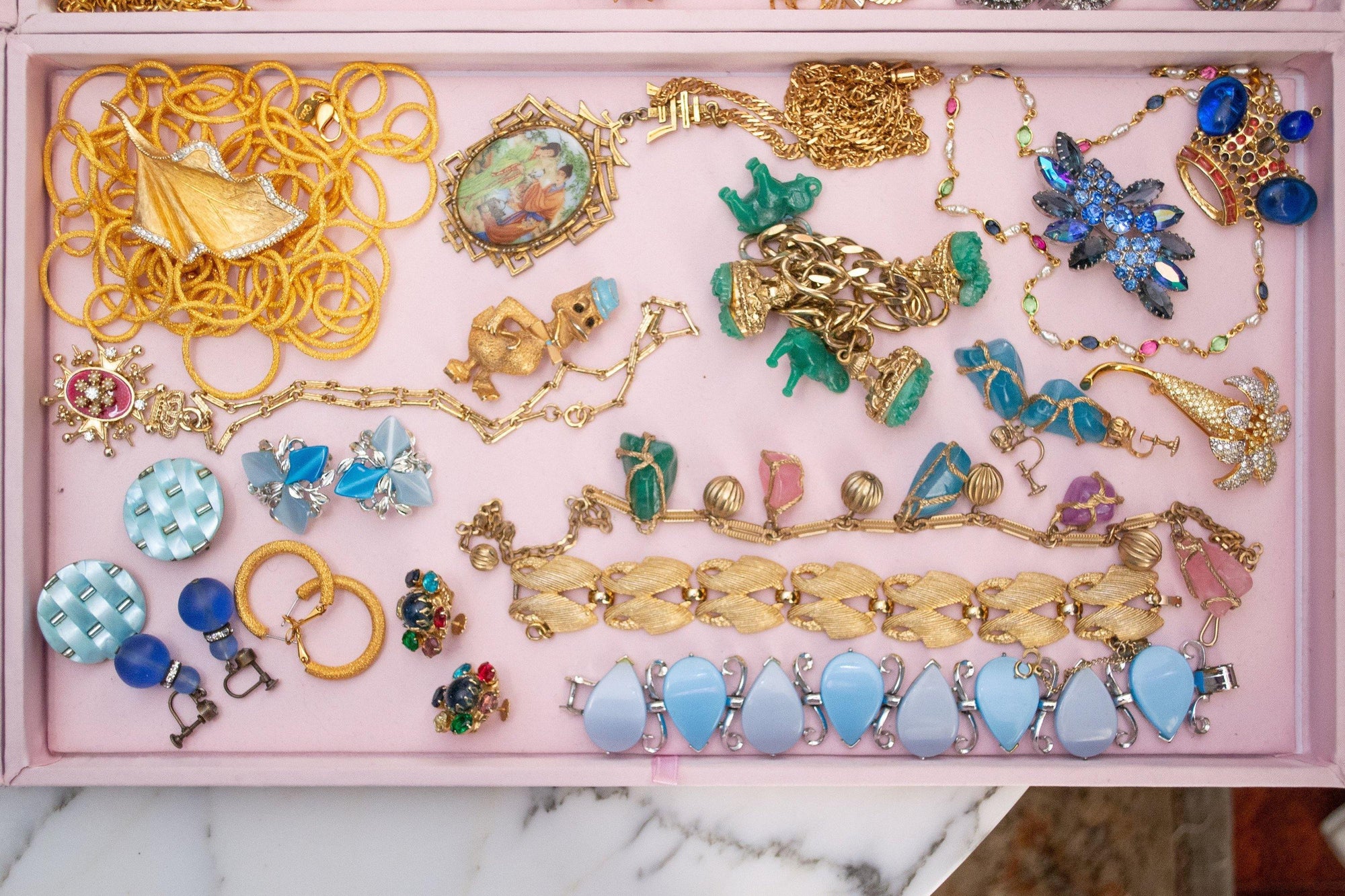 Vintage 1940s Made in Germany Chunky Charm Bracelet with Faux Emerald Jade Glass Elephant and Floral Charms by 1940s - Vintage Meet Modern Vintage Jewelry - Chicago, Illinois - #oldhollywoodglamour #vintagemeetmodern #designervintage #jewelrybox #antiquejewelry #vintagejewelry