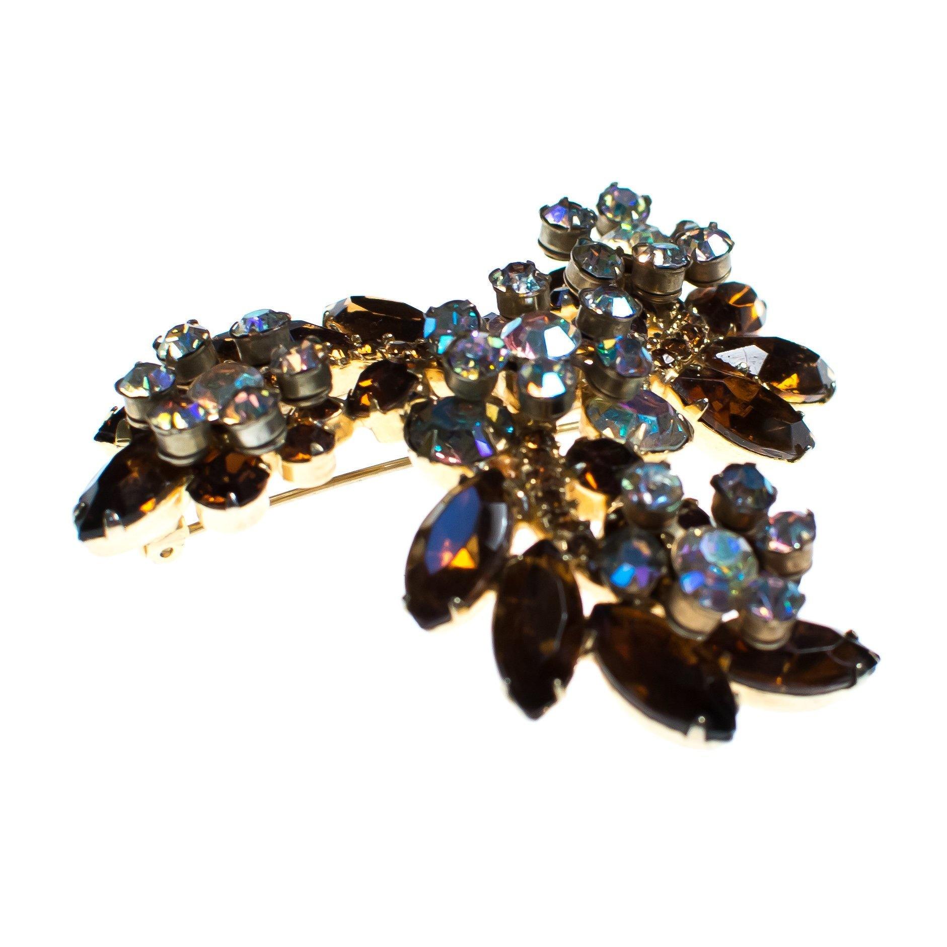 Vintage Sparkling Amber and Aurora Borealis Rhinestone Brooch by 1950s - Vintage Meet Modern Vintage Jewelry - Chicago, Illinois - #oldhollywoodglamour #vintagemeetmodern #designervintage #jewelrybox #antiquejewelry #vintagejewelry