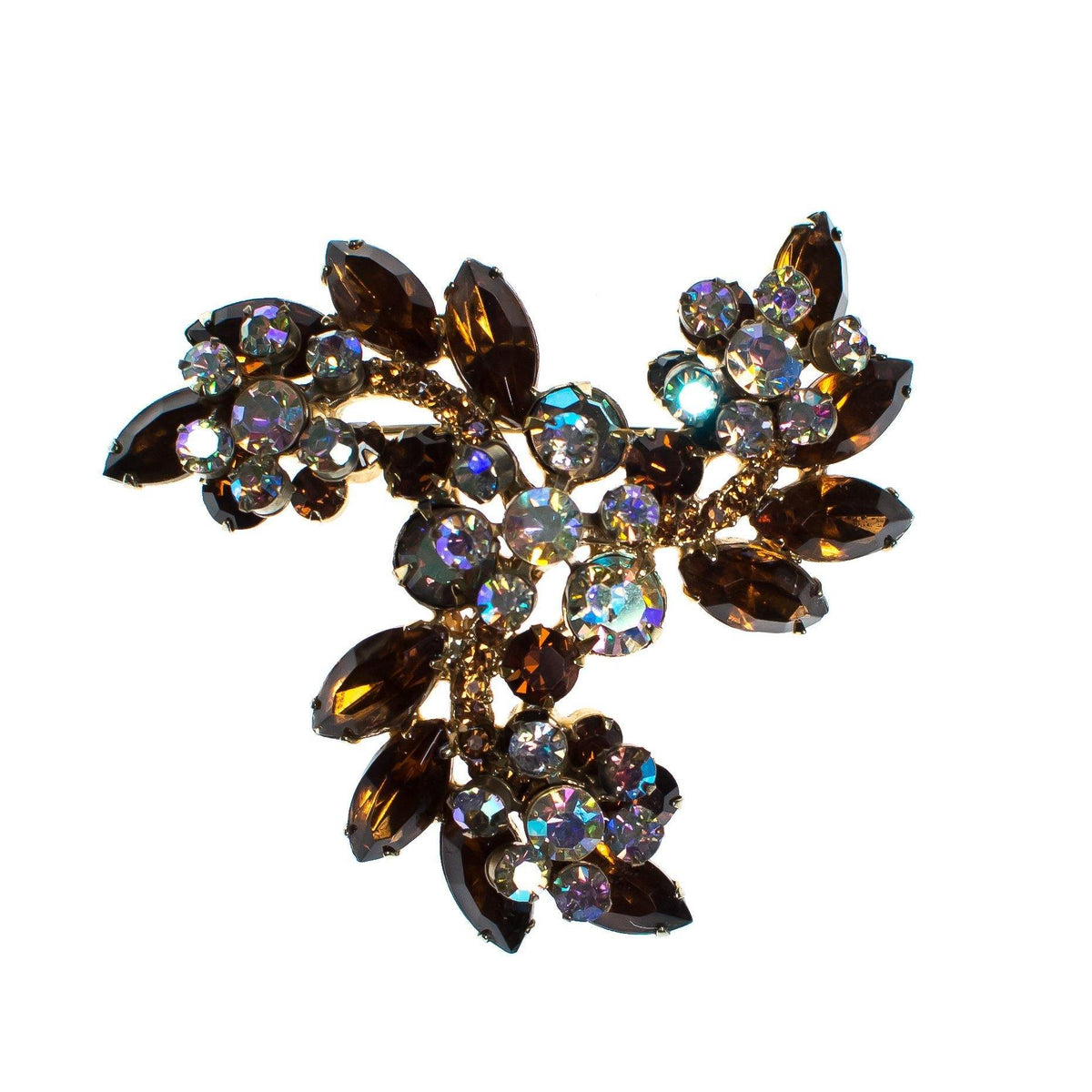 Vintage Sparkling Amber and Aurora Borealis Rhinestone Brooch