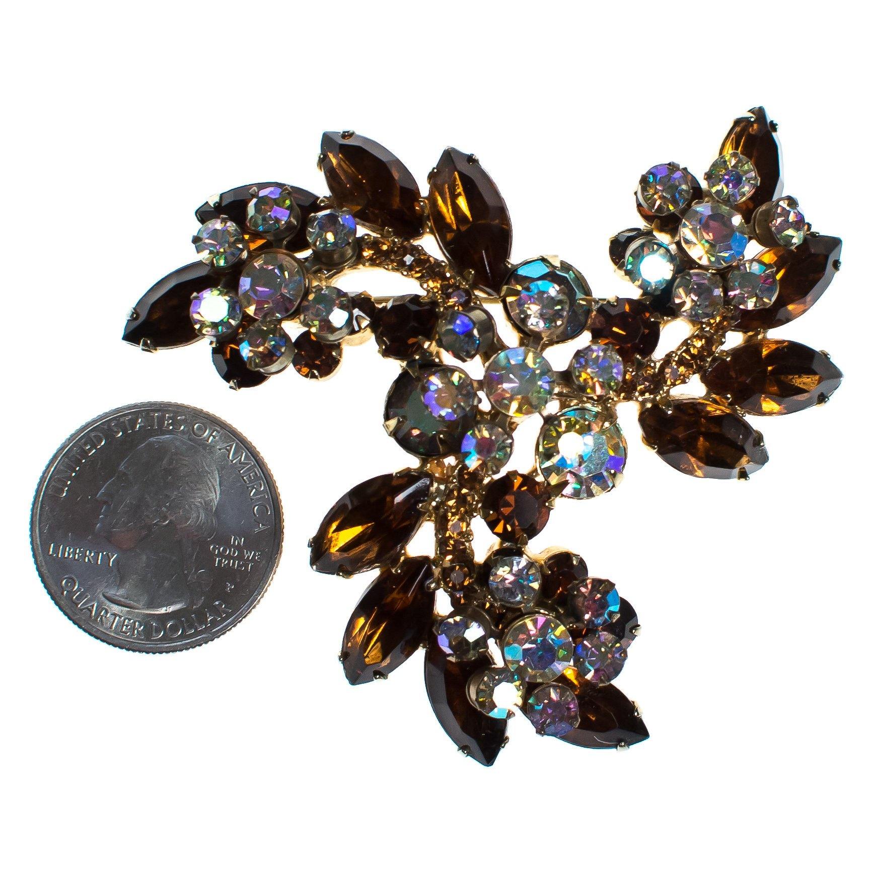 Vintage Sparkling Amber and Aurora Borealis Rhinestone Brooch by 1950s - Vintage Meet Modern Vintage Jewelry - Chicago, Illinois - #oldhollywoodglamour #vintagemeetmodern #designervintage #jewelrybox #antiquejewelry #vintagejewelry