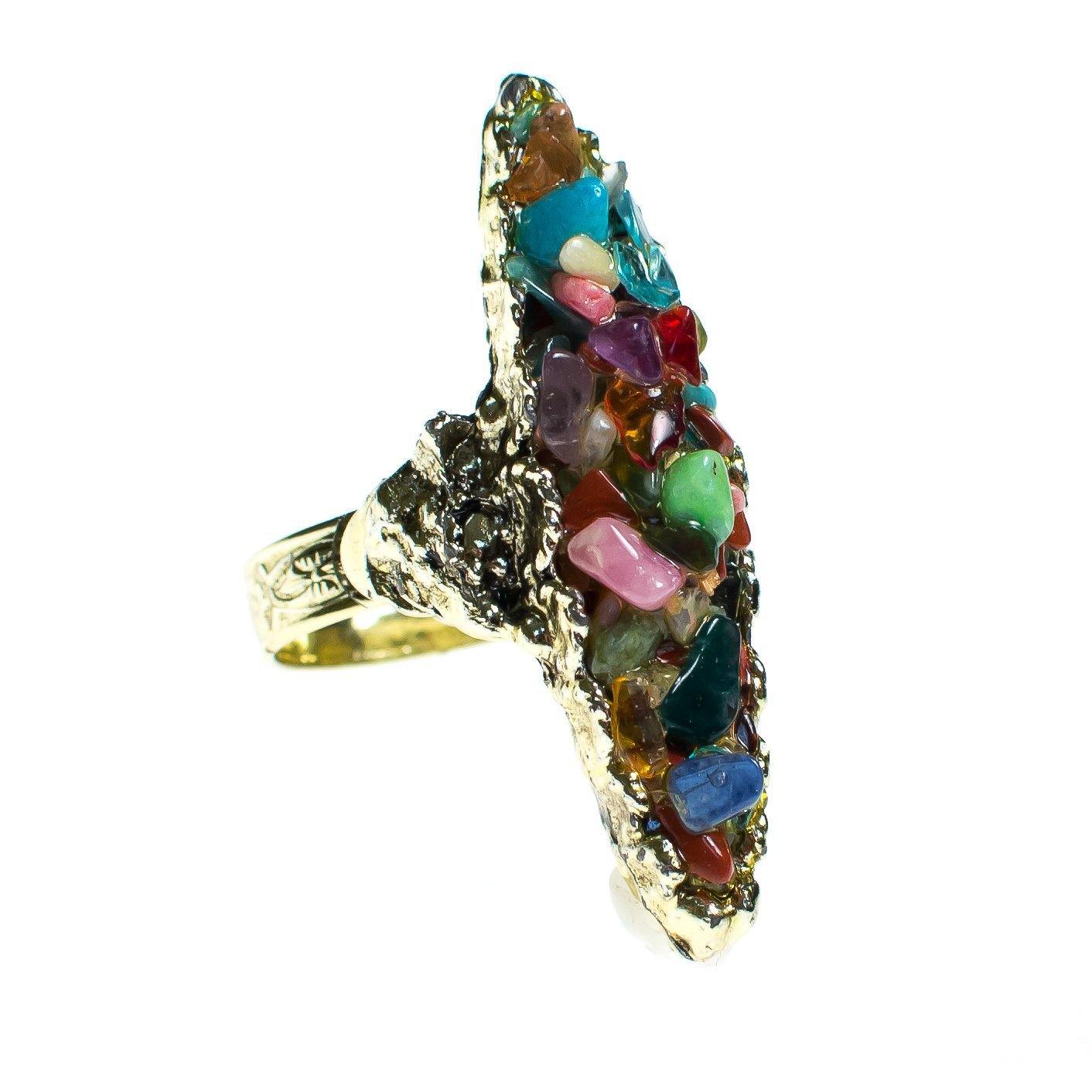 Vintage Mid Century Modern Speckled Rainbow Gemstone Statement Ring by 1950s - Vintage Meet Modern Vintage Jewelry - Chicago, Illinois - #oldhollywoodglamour #vintagemeetmodern #designervintage #jewelrybox #antiquejewelry #vintagejewelry