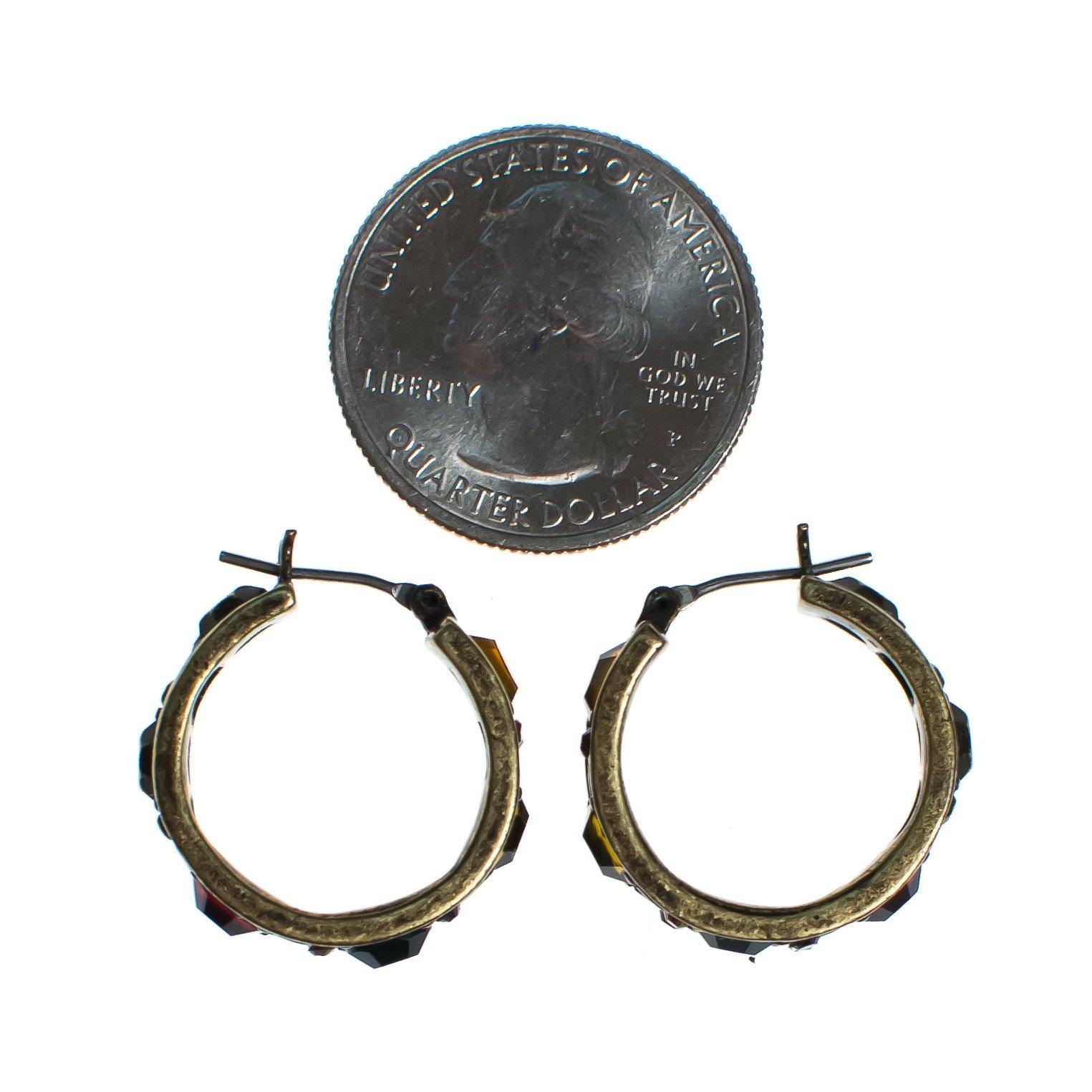 Vintage Hoop Earrings with Red, Green, Yellow, and Gold Rhinestones, Gold Tone Setting by 1980s - Vintage Meet Modern Vintage Jewelry - Chicago, Illinois - #oldhollywoodglamour #vintagemeetmodern #designervintage #jewelrybox #antiquejewelry #vintagejewelry