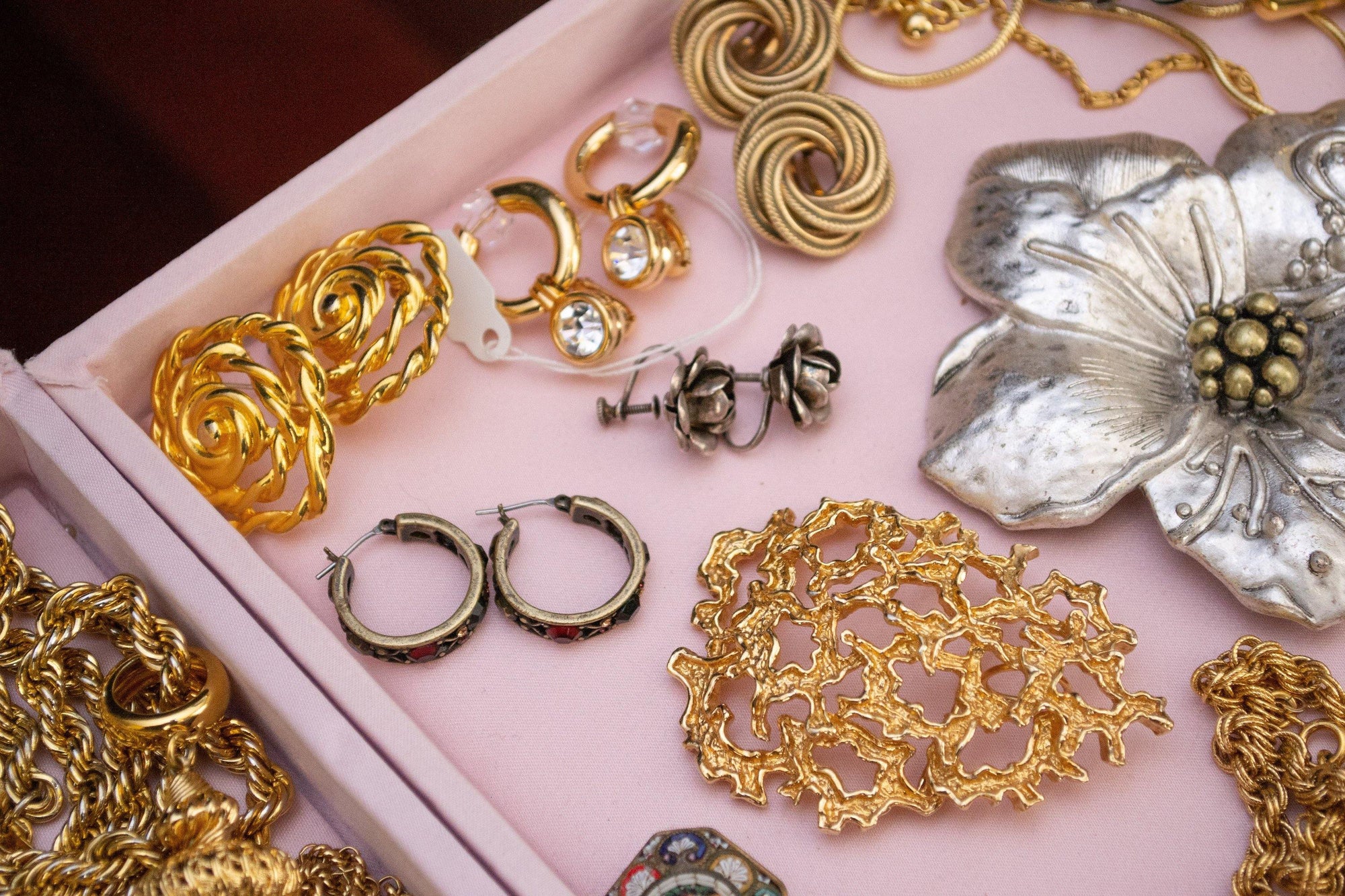 Vintage Hoop Earrings with Red, Green, Yellow, and Gold Rhinestones, Gold Tone Setting by 1980s - Vintage Meet Modern Vintage Jewelry - Chicago, Illinois - #oldhollywoodglamour #vintagemeetmodern #designervintage #jewelrybox #antiquejewelry #vintagejewelry