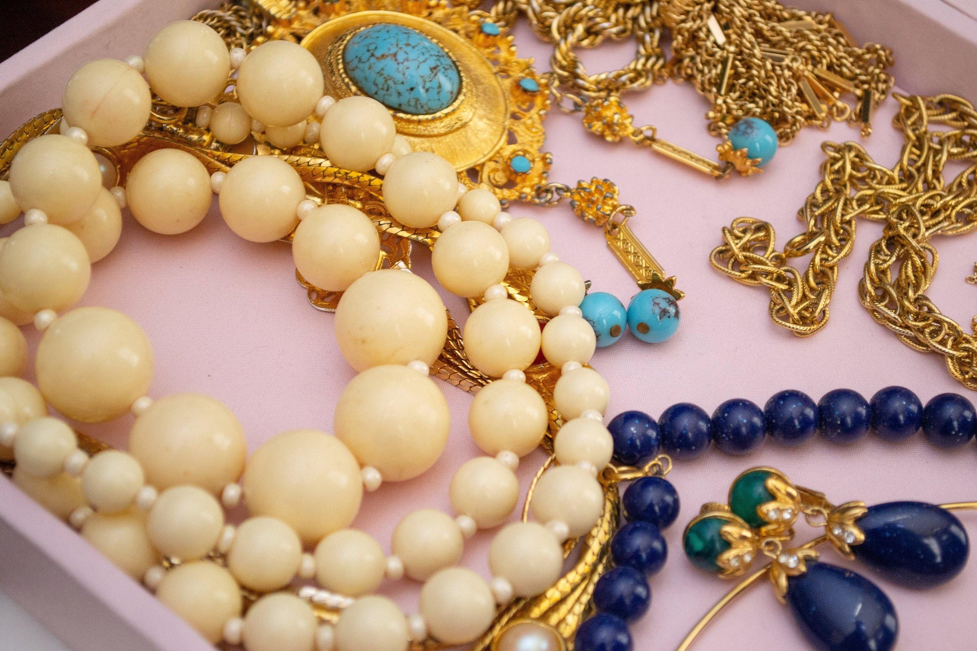 Vintage Lapis Lucite and Speckled Jade Drop Earrings by 1980s - Vintage Meet Modern Vintage Jewelry - Chicago, Illinois - #oldhollywoodglamour #vintagemeetmodern #designervintage #jewelrybox #antiquejewelry #vintagejewelry