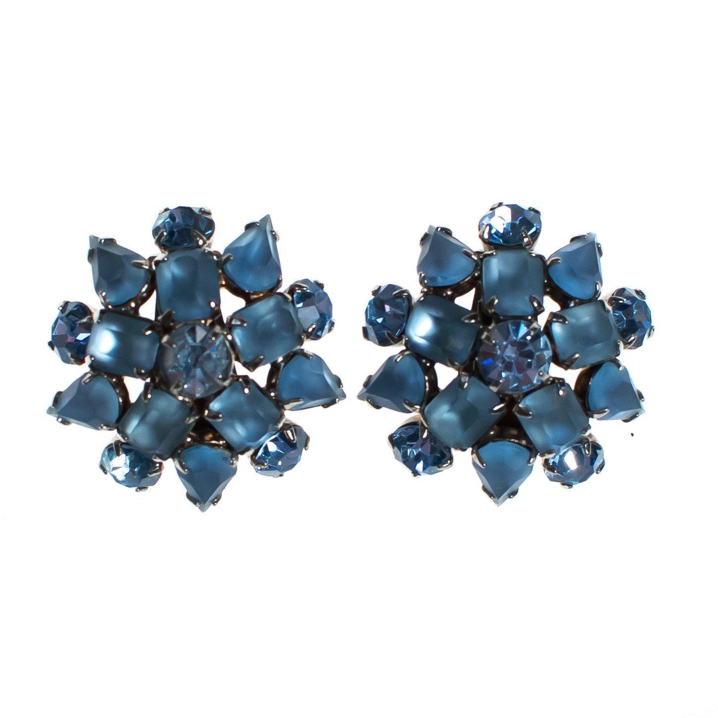 Vintage Frosted Light Blue Rhinestone Cluster Style Statement Earrings by 1950s - Vintage Meet Modern Vintage Jewelry - Chicago, Illinois - #oldhollywoodglamour #vintagemeetmodern #designervintage #jewelrybox #antiquejewelry #vintagejewelry