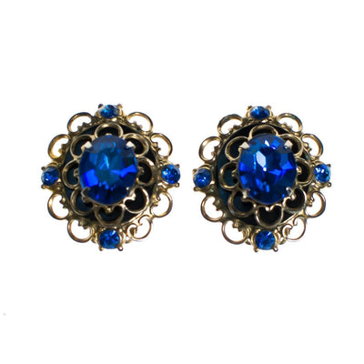Vintage Sapphire Blue Rhinestones Statement Earrings, Silver Tone Setting, Clip-on Earrings by 1960s - Vintage Meet Modern Vintage Jewelry - Chicago, Illinois - #oldhollywoodglamour #vintagemeetmodern #designervintage #jewelrybox #antiquejewelry #vintagejewelry