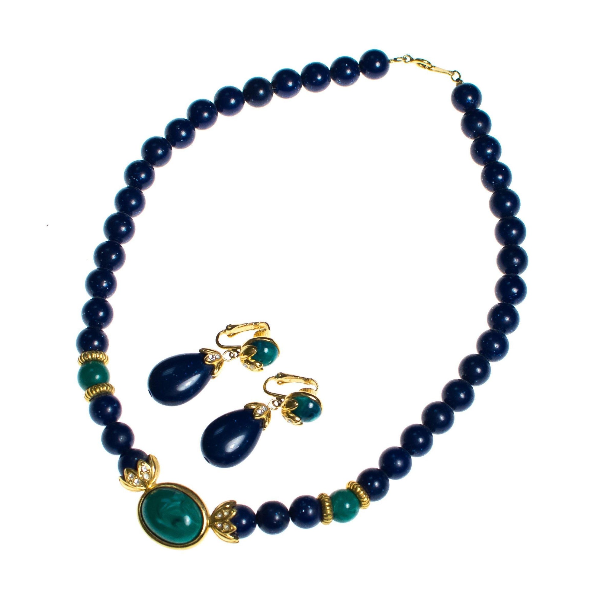 Vintage Lapis Bead and Emerald Lucite Beaded Statement Necklace by 1980s - Vintage Meet Modern Vintage Jewelry - Chicago, Illinois - #oldhollywoodglamour #vintagemeetmodern #designervintage #jewelrybox #antiquejewelry #vintagejewelry
