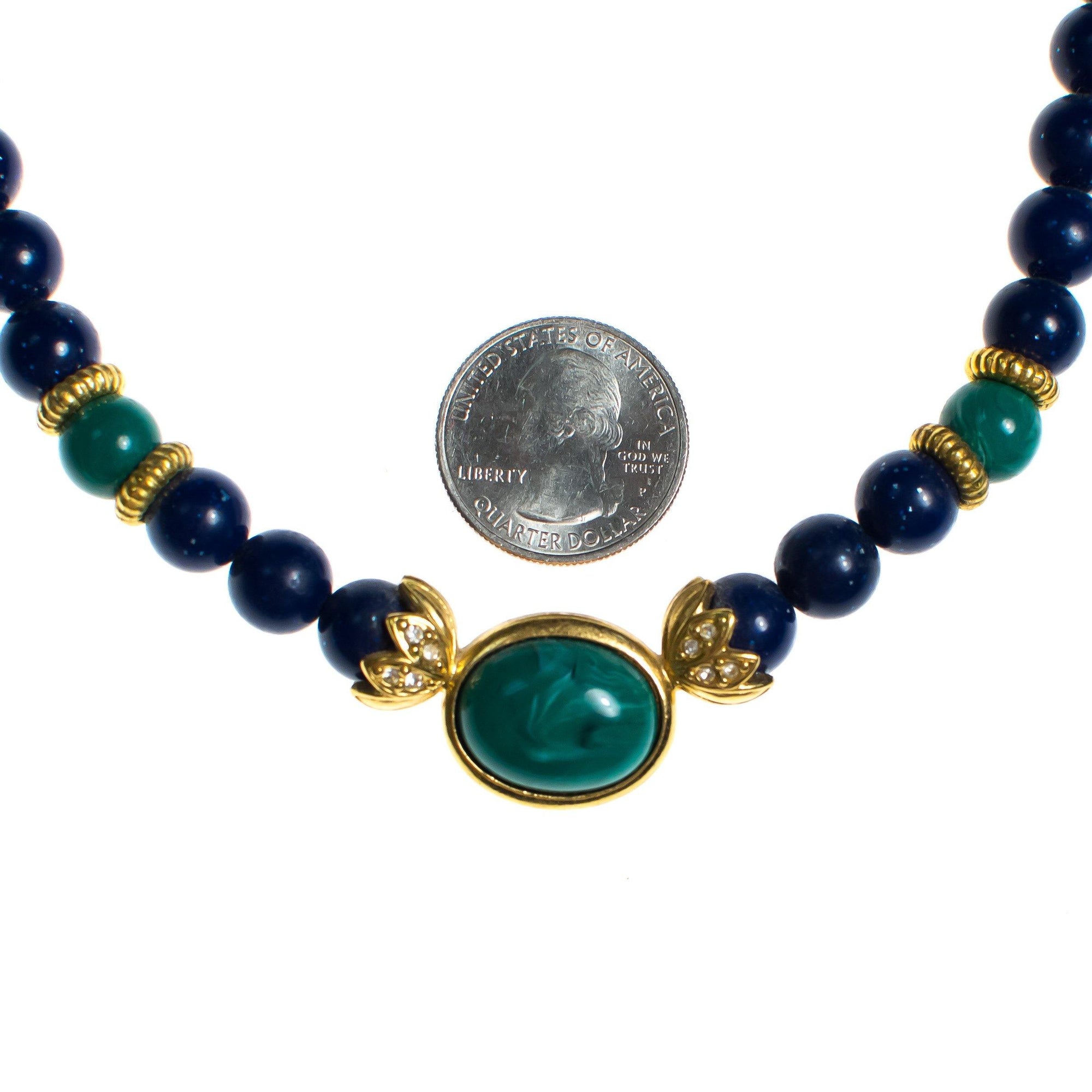 Vintage Lapis Bead and Emerald Lucite Beaded Statement Necklace by 1980s - Vintage Meet Modern Vintage Jewelry - Chicago, Illinois - #oldhollywoodglamour #vintagemeetmodern #designervintage #jewelrybox #antiquejewelry #vintagejewelry