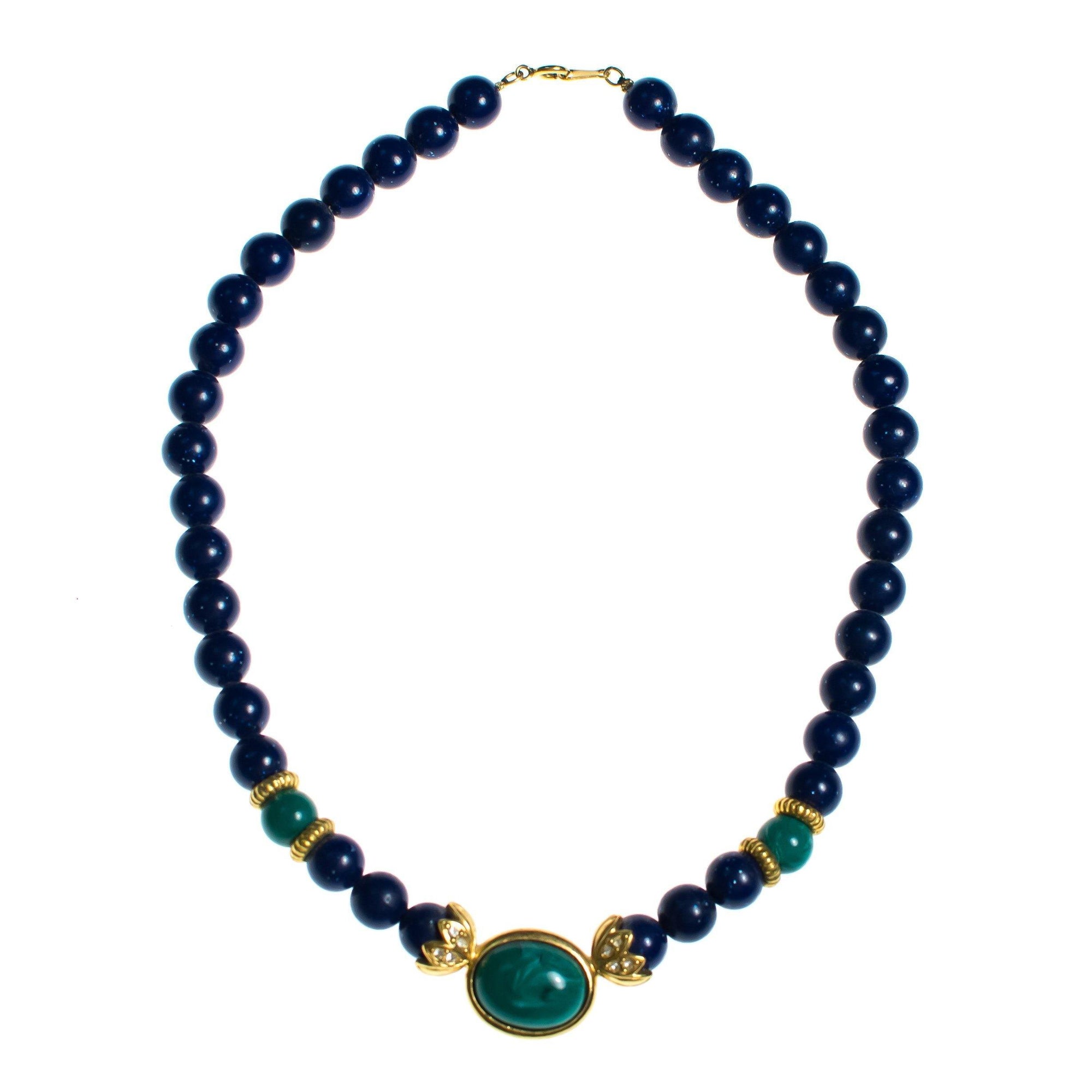 Vintage Lapis Bead and Emerald Lucite Beaded Statement Necklace by 1980s - Vintage Meet Modern Vintage Jewelry - Chicago, Illinois - #oldhollywoodglamour #vintagemeetmodern #designervintage #jewelrybox #antiquejewelry #vintagejewelry
