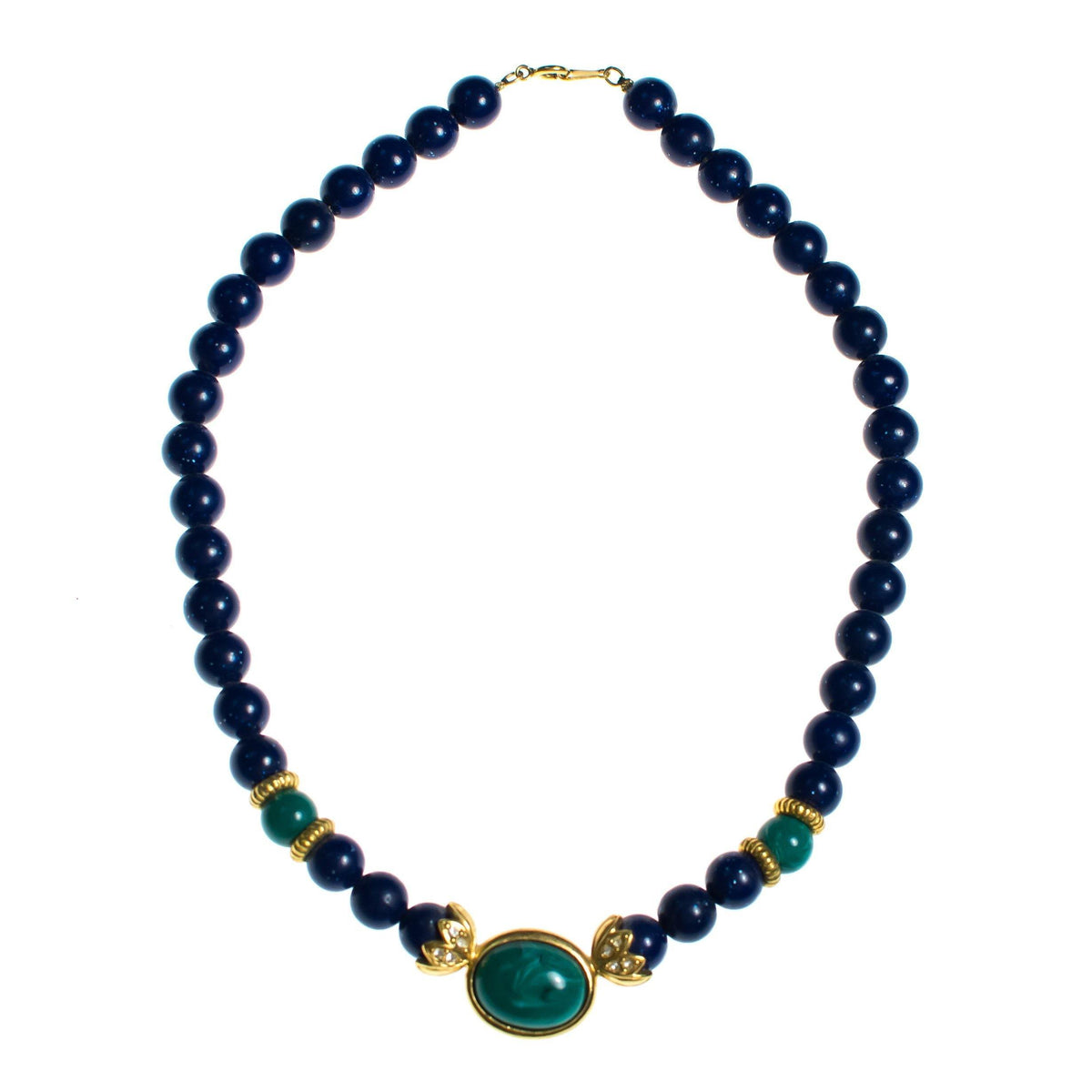 Vintage Lapis Bead and Emerald Lucite Beaded Statement Necklace