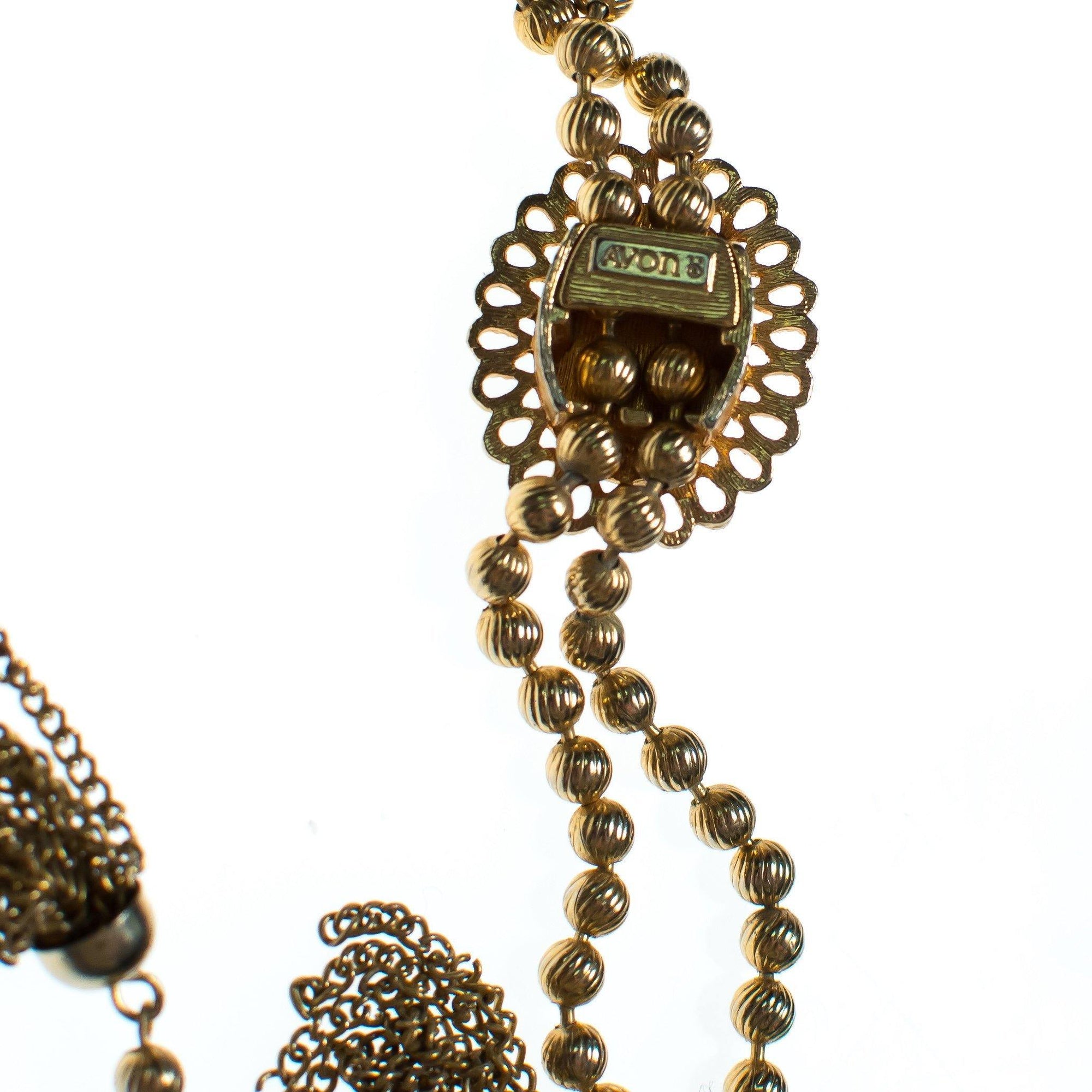 Vintage Avon Necklace Faux Jade Green Cabochon Tassel Lariat Necklace by 1960s - Vintage Meet Modern Vintage Jewelry - Chicago, Illinois - #oldhollywoodglamour #vintagemeetmodern #designervintage #jewelrybox #antiquejewelry #vintagejewelry