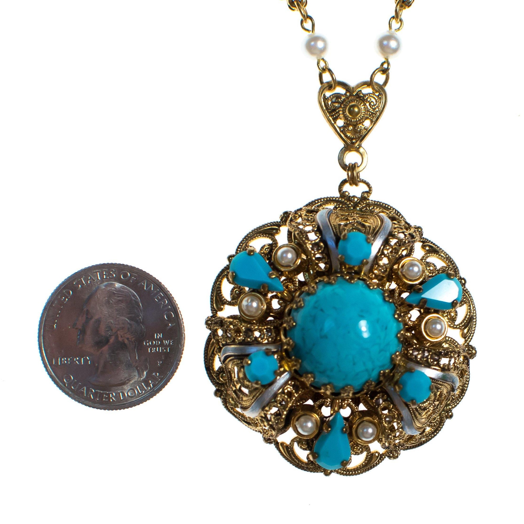 Vintage West Germany Gold Filigree and Turquoise Glass Pendant Necklace by 1950s - Vintage Meet Modern Vintage Jewelry - Chicago, Illinois - #oldhollywoodglamour #vintagemeetmodern #designervintage #jewelrybox #antiquejewelry #vintagejewelry