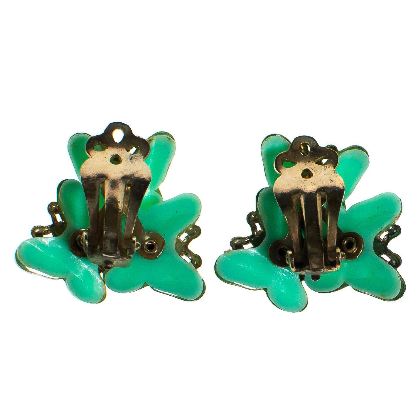 Vintage Mid Century Modern Light Green Lucite and Rhinestone Butterfly Earrings by 1950s - Vintage Meet Modern Vintage Jewelry - Chicago, Illinois - #oldhollywoodglamour #vintagemeetmodern #designervintage #jewelrybox #antiquejewelry #vintagejewelry