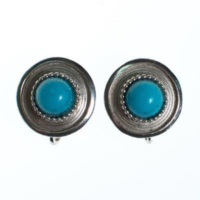 Vintage Crown Trifari Silver Earring Button Earrings with Turquoise Lucite Cabochon by Crown Trfari - Vintage Meet Modern Vintage Jewelry - Chicago, Illinois - #oldhollywoodglamour #vintagemeetmodern #designervintage #jewelrybox #antiquejewelry #vintagejewelry
