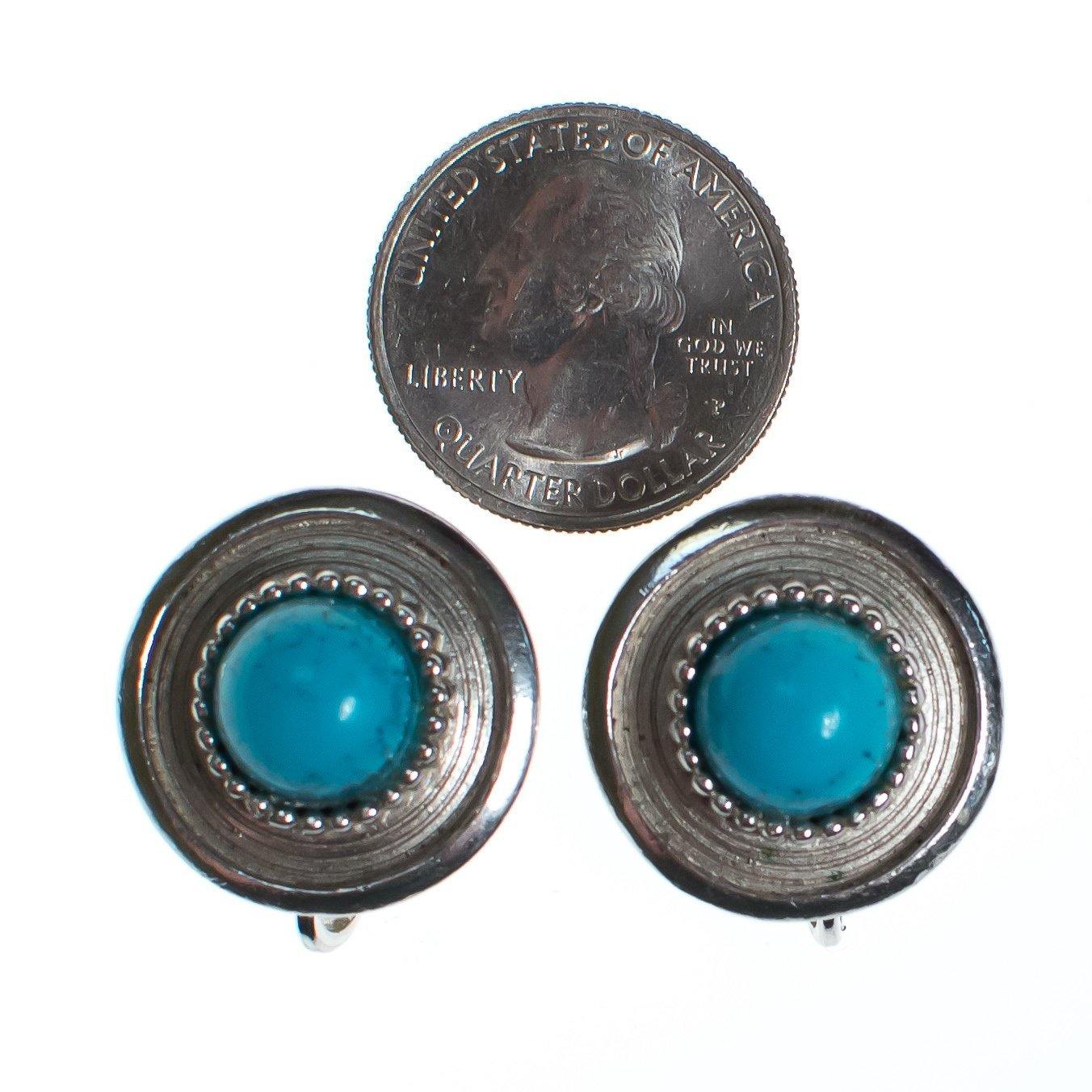 Vintage Crown Trifari Silver Earring Button Earrings with Turquoise Lucite Cabochon by Crown Trfari - Vintage Meet Modern Vintage Jewelry - Chicago, Illinois - #oldhollywoodglamour #vintagemeetmodern #designervintage #jewelrybox #antiquejewelry #vintagejewelry
