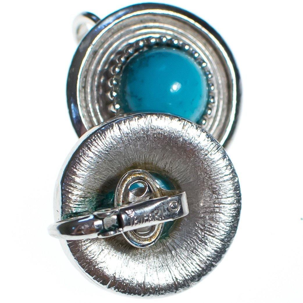 Vintage Crown Trifari Silver Earring Button Earrings with Turquoise Lucite Cabochon by Crown Trfari - Vintage Meet Modern Vintage Jewelry - Chicago, Illinois - #oldhollywoodglamour #vintagemeetmodern #designervintage #jewelrybox #antiquejewelry #vintagejewelry