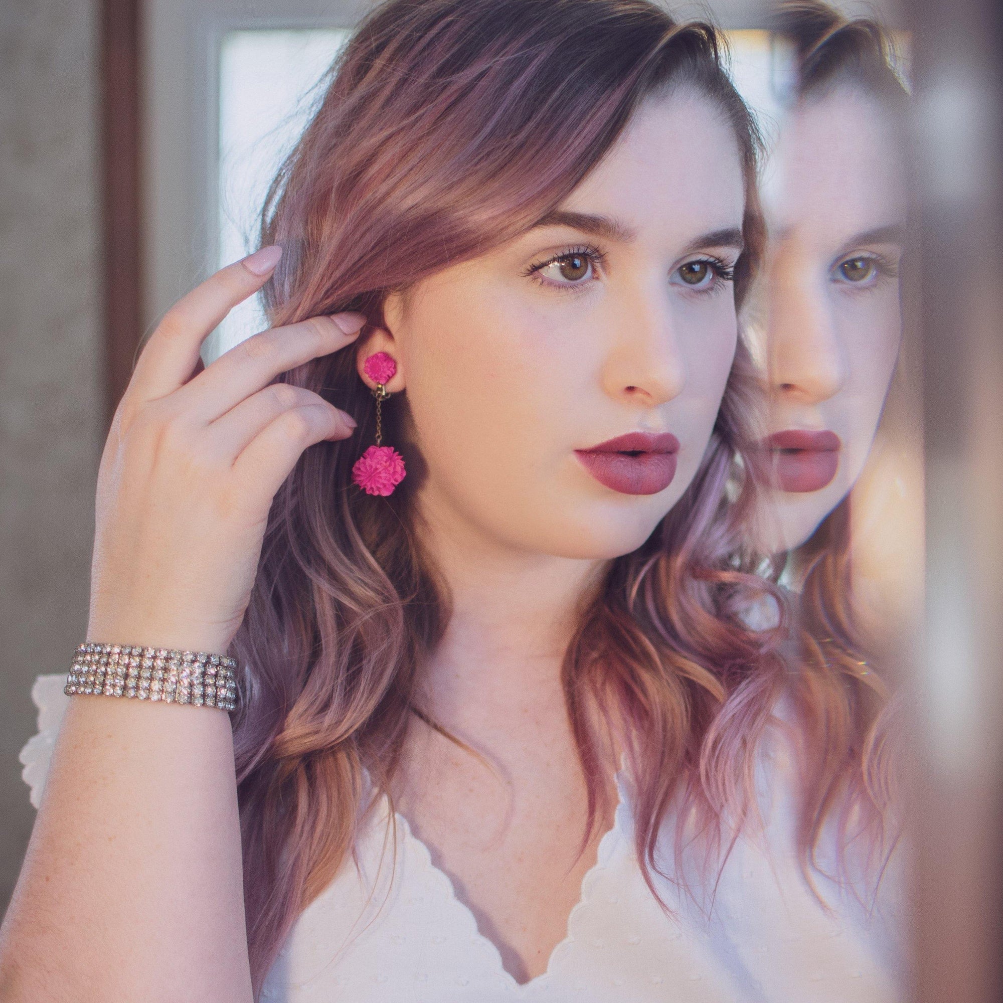 Vintage Hot Pink Flower Pom Pom Statement Earrings by Made in Japan - Vintage Meet Modern Vintage Jewelry - Chicago, Illinois - #oldhollywoodglamour #vintagemeetmodern #designervintage #jewelrybox #antiquejewelry #vintagejewelry