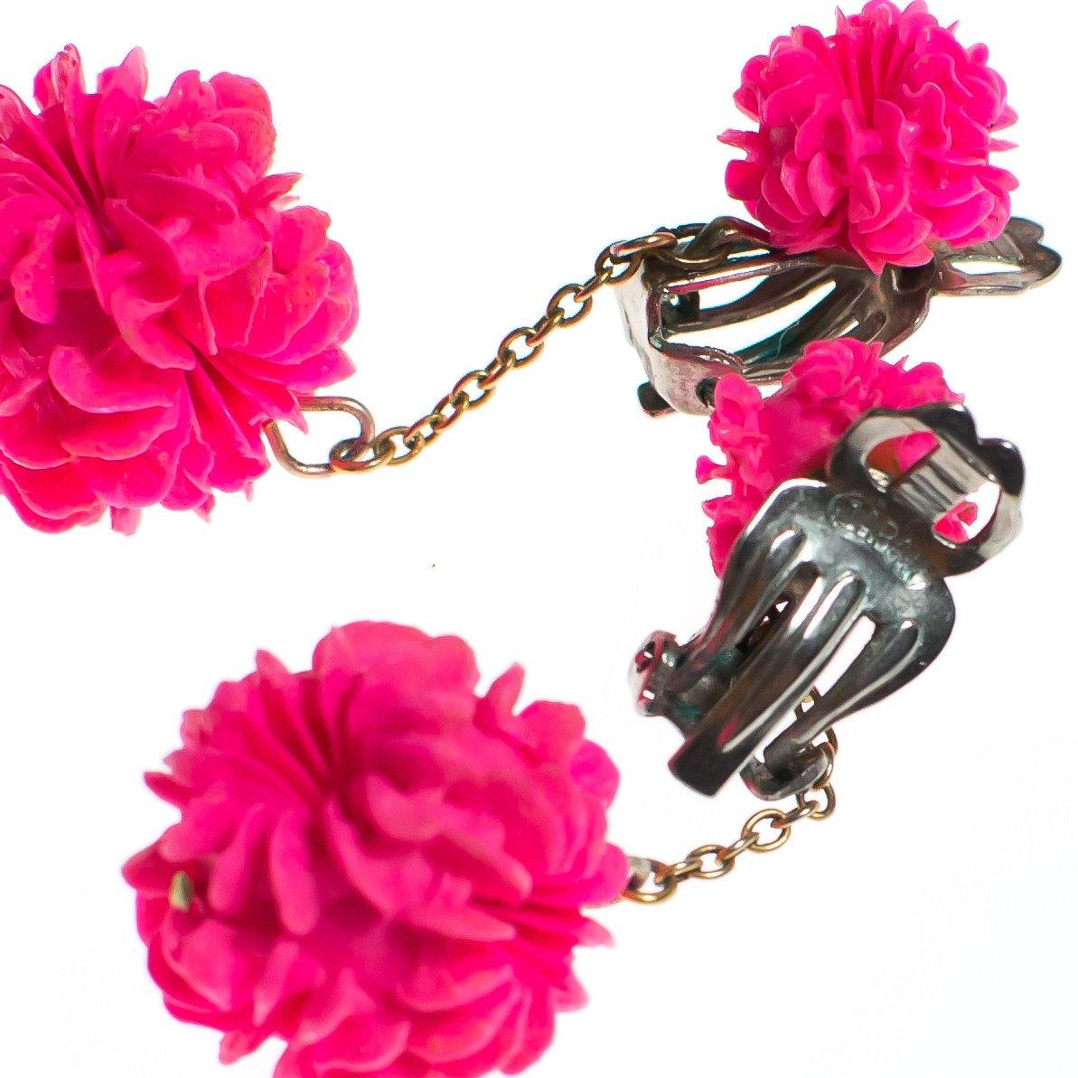 Vintage Hot Pink Flower Pom Pom Statement Earrings by Made in Japan - Vintage Meet Modern Vintage Jewelry - Chicago, Illinois - #oldhollywoodglamour #vintagemeetmodern #designervintage #jewelrybox #antiquejewelry #vintagejewelry