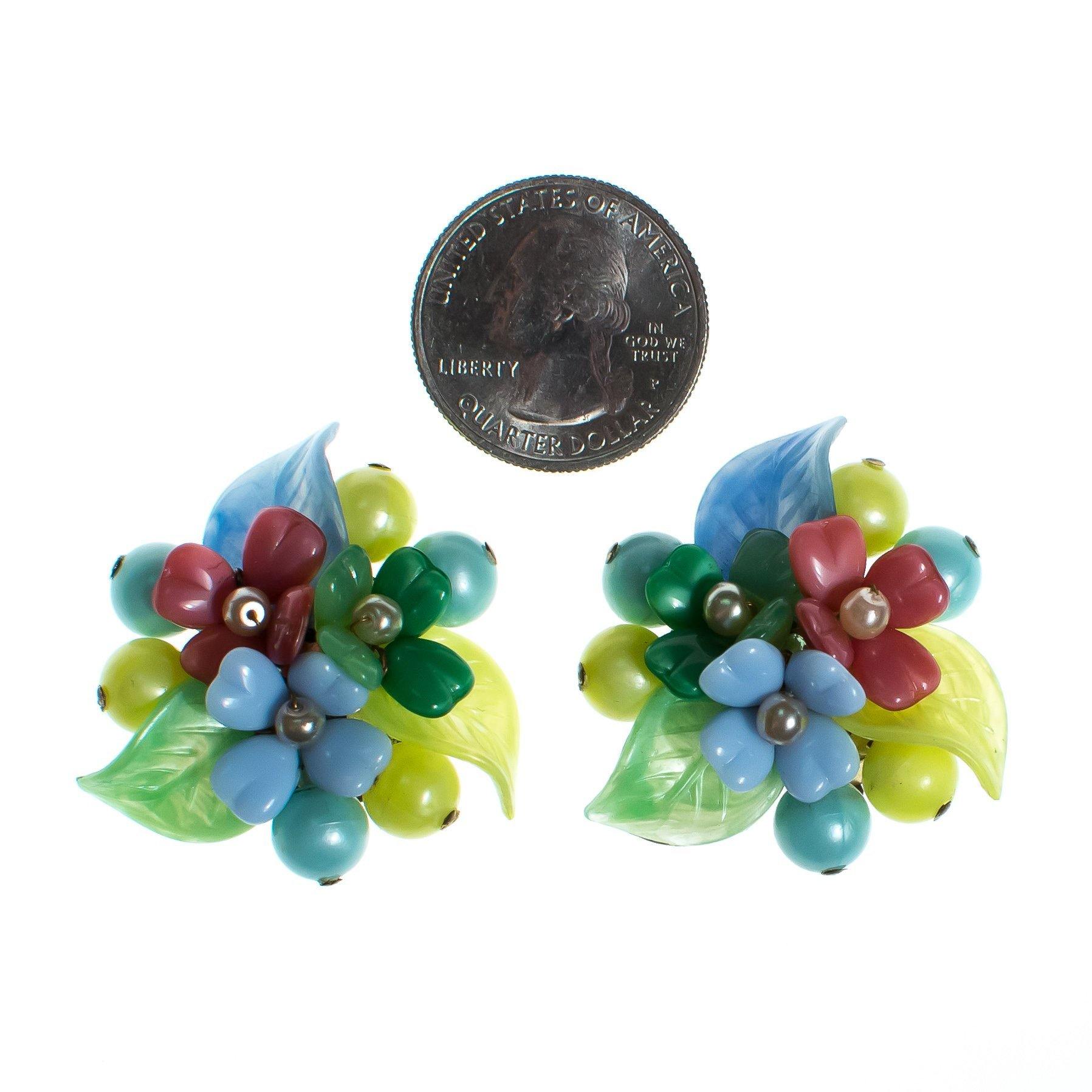 Vintage 1940s Pastel Pink Blue Yellow Green Glass Flower Earrings by 1940s - Vintage Meet Modern Vintage Jewelry - Chicago, Illinois - #oldhollywoodglamour #vintagemeetmodern #designervintage #jewelrybox #antiquejewelry #vintagejewelry