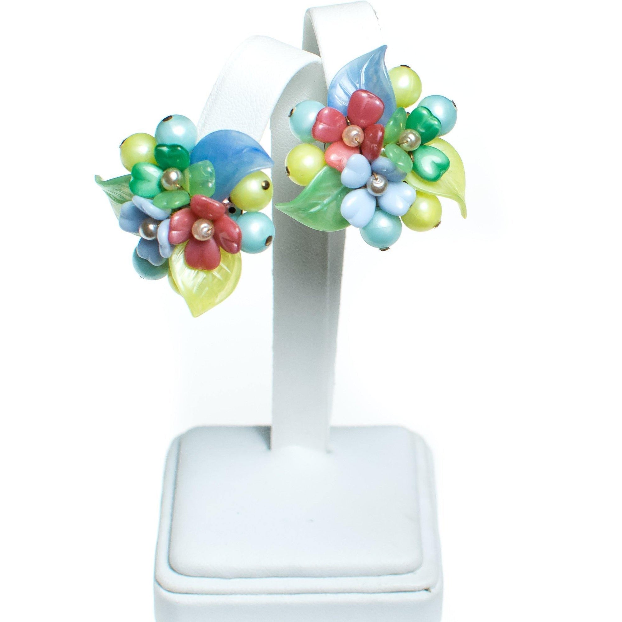 Vintage 1940s Pastel Pink Blue Yellow Green Glass Flower Earrings by 1940s - Vintage Meet Modern Vintage Jewelry - Chicago, Illinois - #oldhollywoodglamour #vintagemeetmodern #designervintage #jewelrybox #antiquejewelry #vintagejewelry