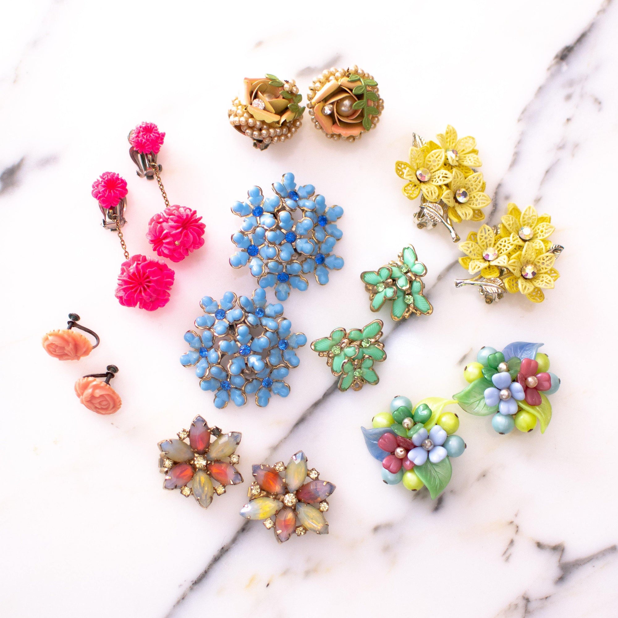 Vintage 1940s Pastel Pink Blue Yellow Green Glass Flower Earrings by 1940s - Vintage Meet Modern Vintage Jewelry - Chicago, Illinois - #oldhollywoodglamour #vintagemeetmodern #designervintage #jewelrybox #antiquejewelry #vintagejewelry