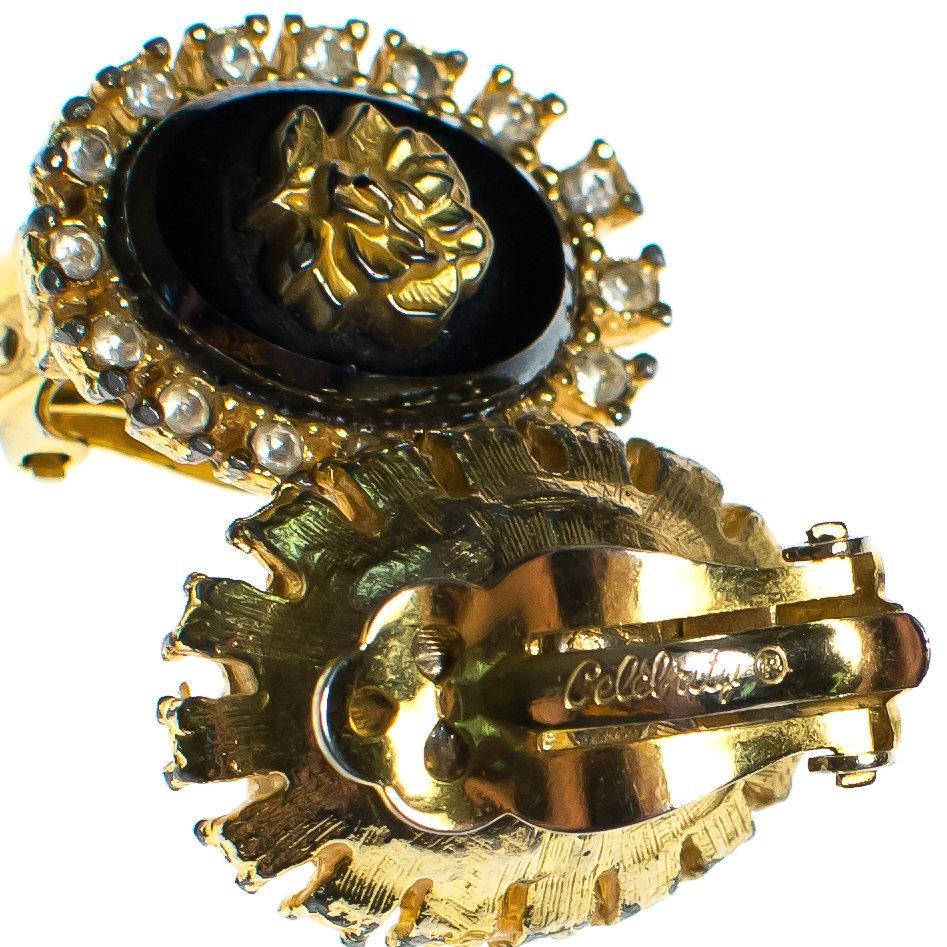 Vintage Celebrity NY Gold Rose and Black Cameo Style Earrings by Celebrity NY - Vintage Meet Modern Vintage Jewelry - Chicago, Illinois - #oldhollywoodglamour #vintagemeetmodern #designervintage #jewelrybox #antiquejewelry #vintagejewelry