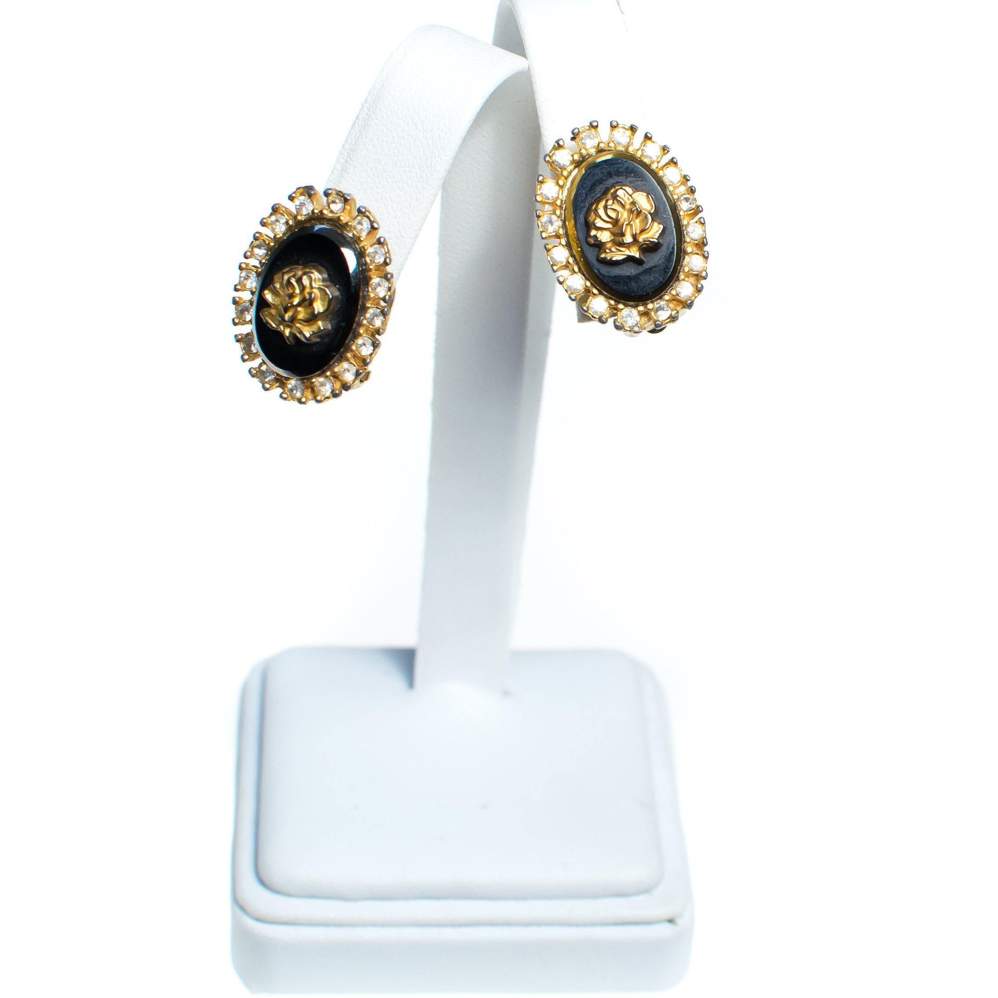 Vintage Celebrity NY Gold Rose and Black Cameo Style Earrings by Celebrity NY - Vintage Meet Modern Vintage Jewelry - Chicago, Illinois - #oldhollywoodglamour #vintagemeetmodern #designervintage #jewelrybox #antiquejewelry #vintagejewelry