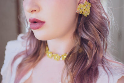Vintage Yellow Flower Choker Necklace with Aurora Borealis Crystals by 1950s - Vintage Meet Modern Vintage Jewelry - Chicago, Illinois - #oldhollywoodglamour #vintagemeetmodern #designervintage #jewelrybox #antiquejewelry #vintagejewelry