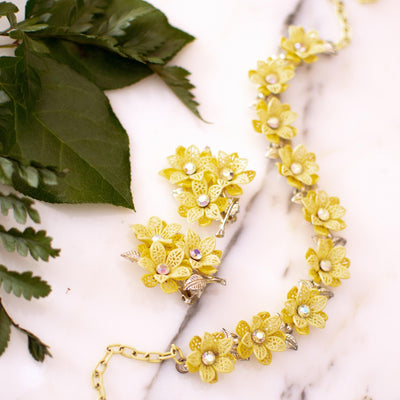 Vintage Yellow Flower Choker Necklace with Aurora Borealis Crystals by 1950s - Vintage Meet Modern Vintage Jewelry - Chicago, Illinois - #oldhollywoodglamour #vintagemeetmodern #designervintage #jewelrybox #antiquejewelry #vintagejewelry