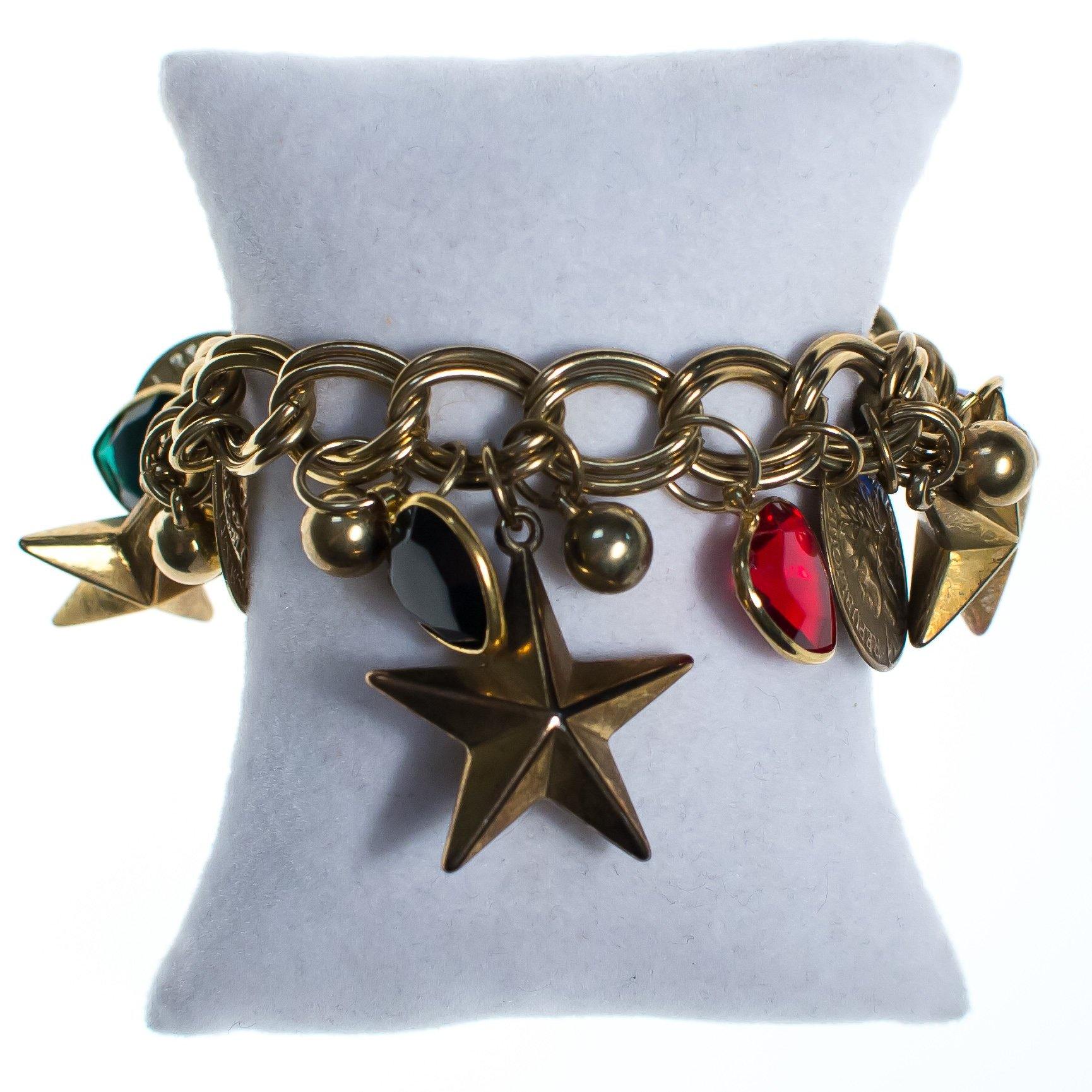 Vintage Mid Century Modern Chunky Charm Bracelet with Stars, Coins, Blue, Green, and Red Crystal Hearts by 1950s - Vintage Meet Modern Vintage Jewelry - Chicago, Illinois - #oldhollywoodglamour #vintagemeetmodern #designervintage #jewelrybox #antiquejewelry #vintagejewelry