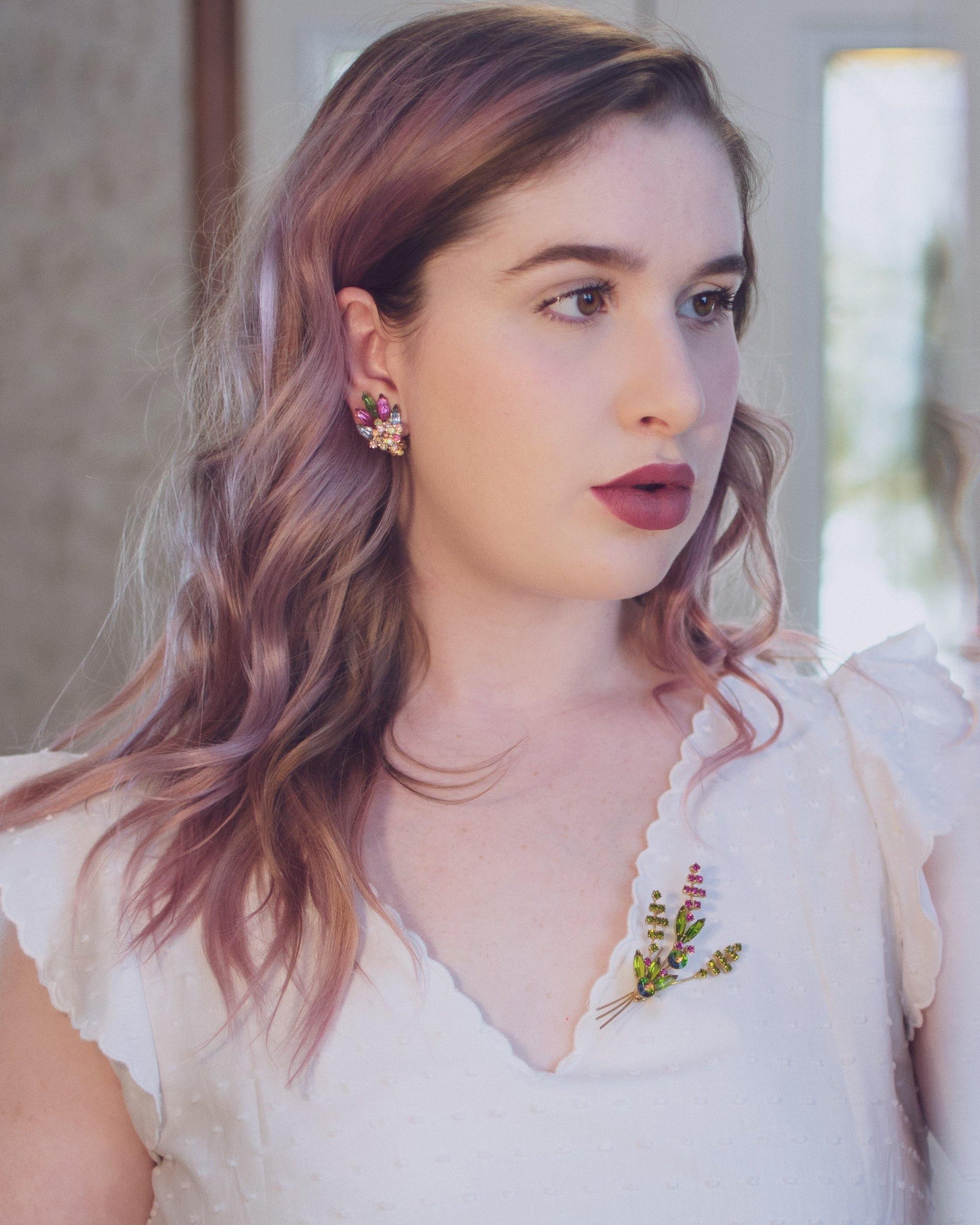 Vintage Made in Austria Pink Blue and Green Rhinestone Statement Earrings by Made in Austria - Vintage Meet Modern Vintage Jewelry - Chicago, Illinois - #oldhollywoodglamour #vintagemeetmodern #designervintage #jewelrybox #antiquejewelry #vintagejewelry