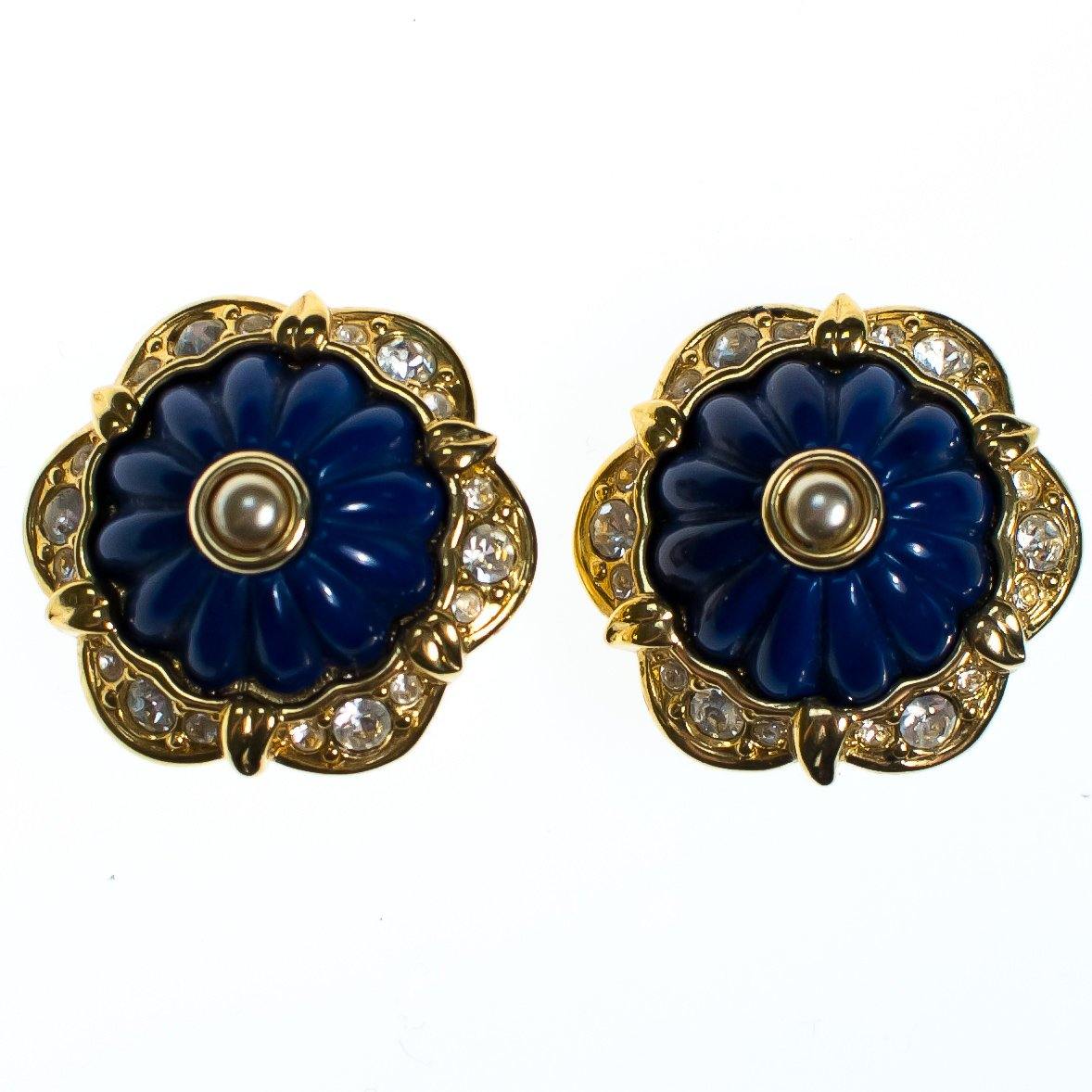 Vintage Joan Rivers Earrings, Blue, Black, and White Interchangeable Lucite, Diamante Crystals, Gold Tone Setting, Clip-on by Joan Rivers - Vintage Meet Modern Vintage Jewelry - Chicago, Illinois - #oldhollywoodglamour #vintagemeetmodern #designervintage #jewelrybox #antiquejewelry #vintagejewelry