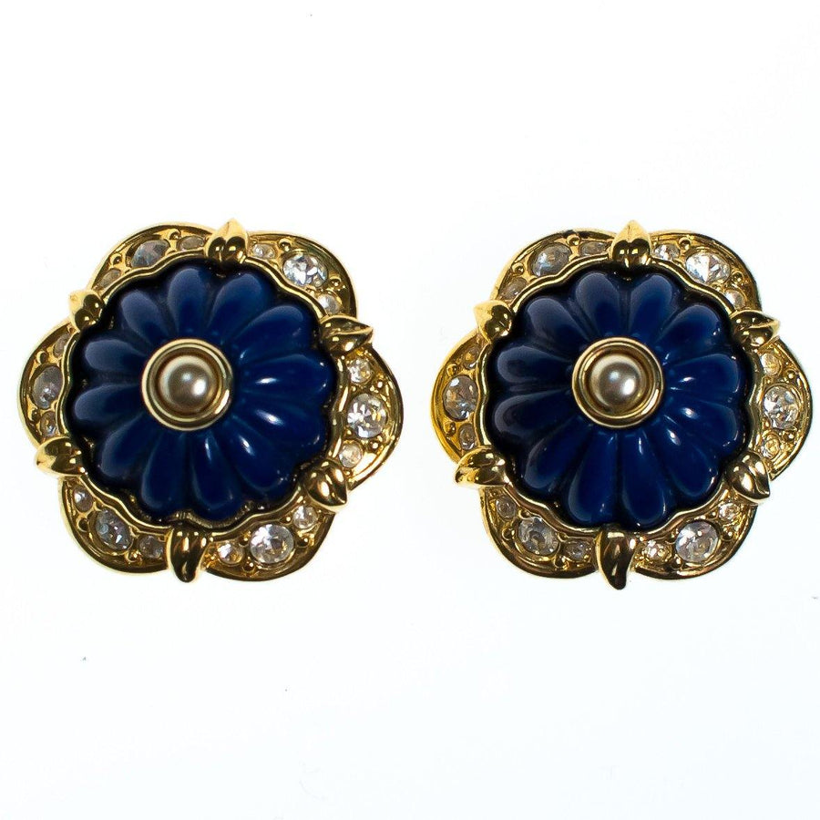 Vintage Joan Rivers Earrings, Blue, Black, and White Interchangeable Lucite, Diamante Crystals, Gold Tone Setting, Clip-on by Joan Rivers - Vintage Meet Modern Vintage Jewelry - Chicago, Illinois - #oldhollywoodglamour #vintagemeetmodern #designervintage #jewelrybox #antiquejewelry #vintagejewelry