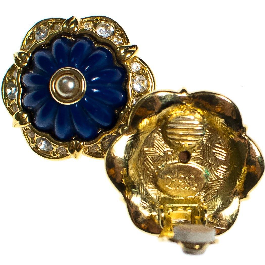 Vintage Joan Rivers Earrings, Blue, Black, and White Interchangeable Lucite, Diamante Crystals, Gold Tone Setting, Clip-on by Joan Rivers - Vintage Meet Modern Vintage Jewelry - Chicago, Illinois - #oldhollywoodglamour #vintagemeetmodern #designervintage #jewelrybox #antiquejewelry #vintagejewelry