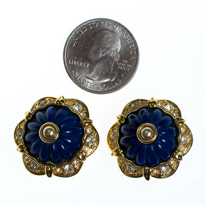 Vintage Joan Rivers Earrings, Blue, Black, and White Interchangeable Lucite, Diamante Crystals, Gold Tone Setting, Clip-on by Joan Rivers - Vintage Meet Modern Vintage Jewelry - Chicago, Illinois - #oldhollywoodglamour #vintagemeetmodern #designervintage #jewelrybox #antiquejewelry #vintagejewelry