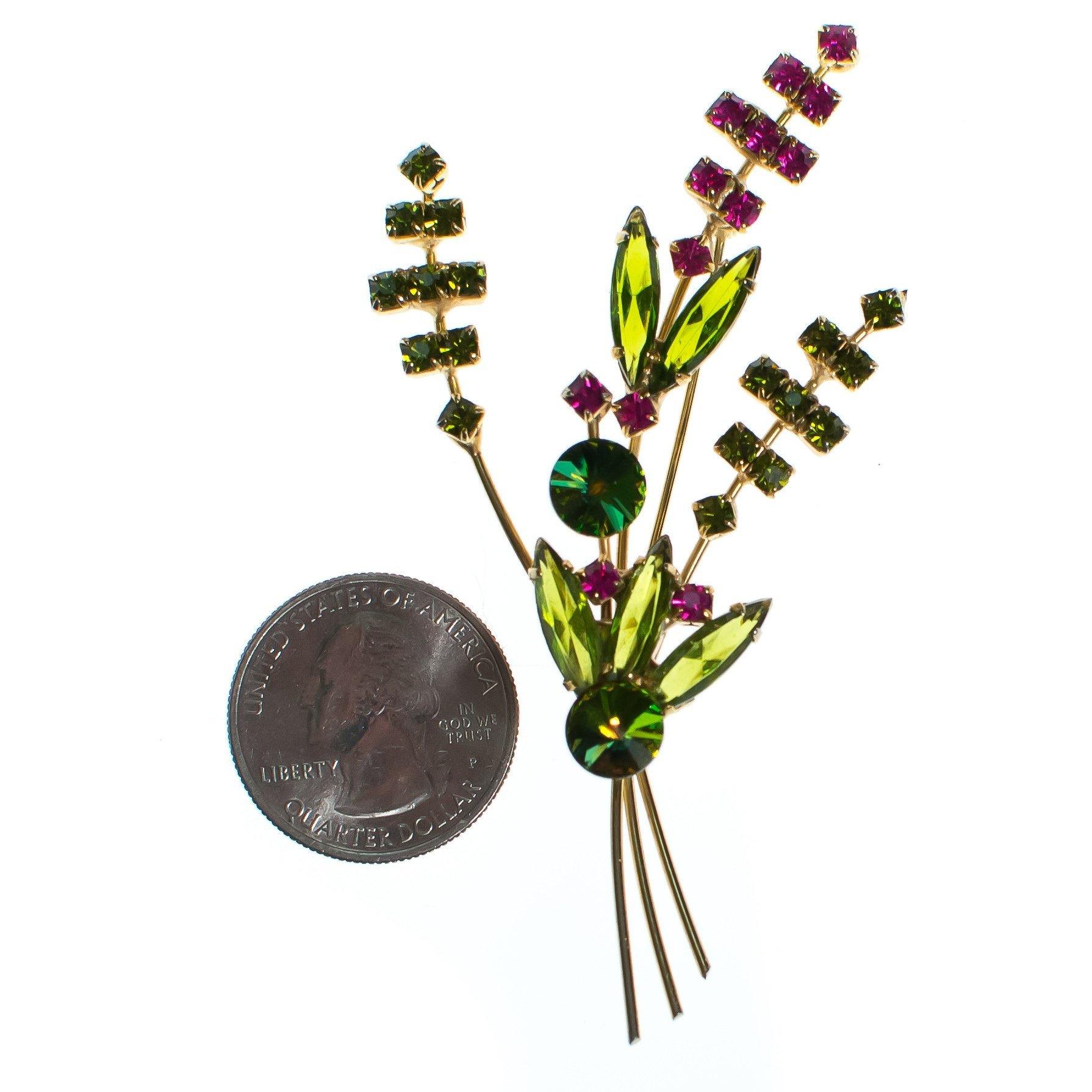 Vintage Made in Austria Bright Aurora Borealis Green and Pink Rhinestone Flower Brooch by Made in Austria - Vintage Meet Modern Vintage Jewelry - Chicago, Illinois - #oldhollywoodglamour #vintagemeetmodern #designervintage #jewelrybox #antiquejewelry #vintagejewelry