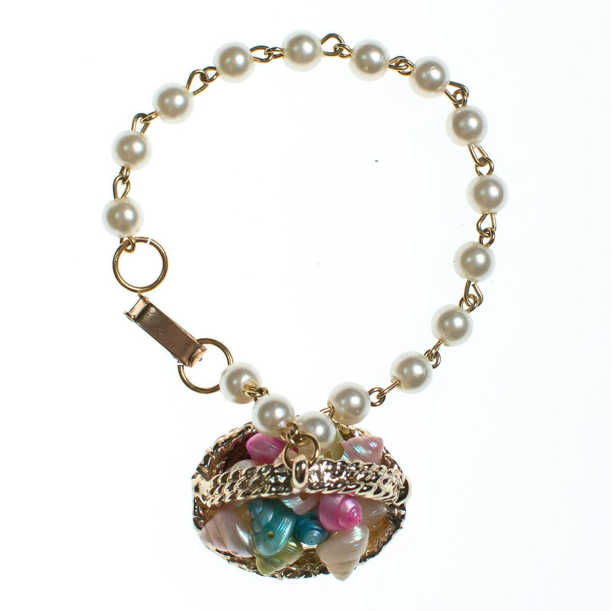 Vintage 1950s Basket of Shells Charm Pearl Charm Bracelet