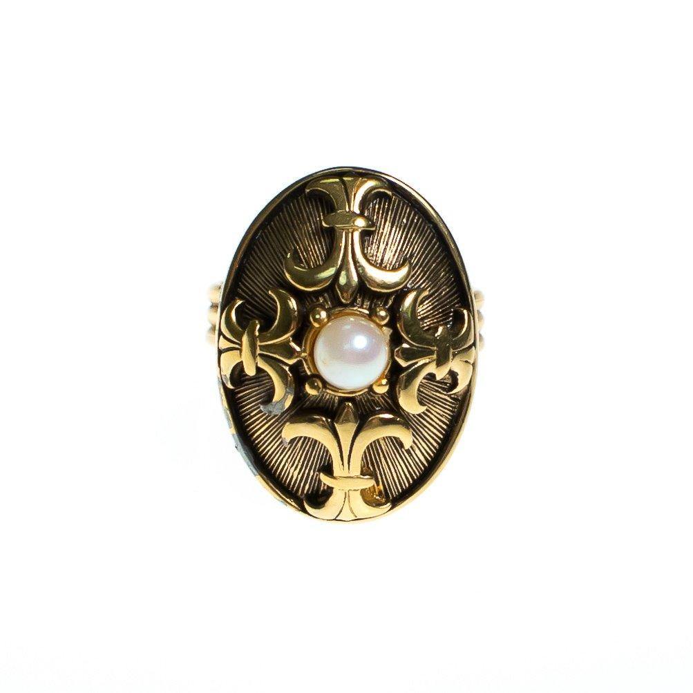 Vintage Gold Fleur de lis Design with Pearl Statement Locket Ring, Adjustable Ring by Mid Century Modern - Vintage Meet Modern Vintage Jewelry - Chicago, Illinois - #oldhollywoodglamour #vintagemeetmodern #designervintage #jewelrybox #antiquejewelry #vintagejewelry
