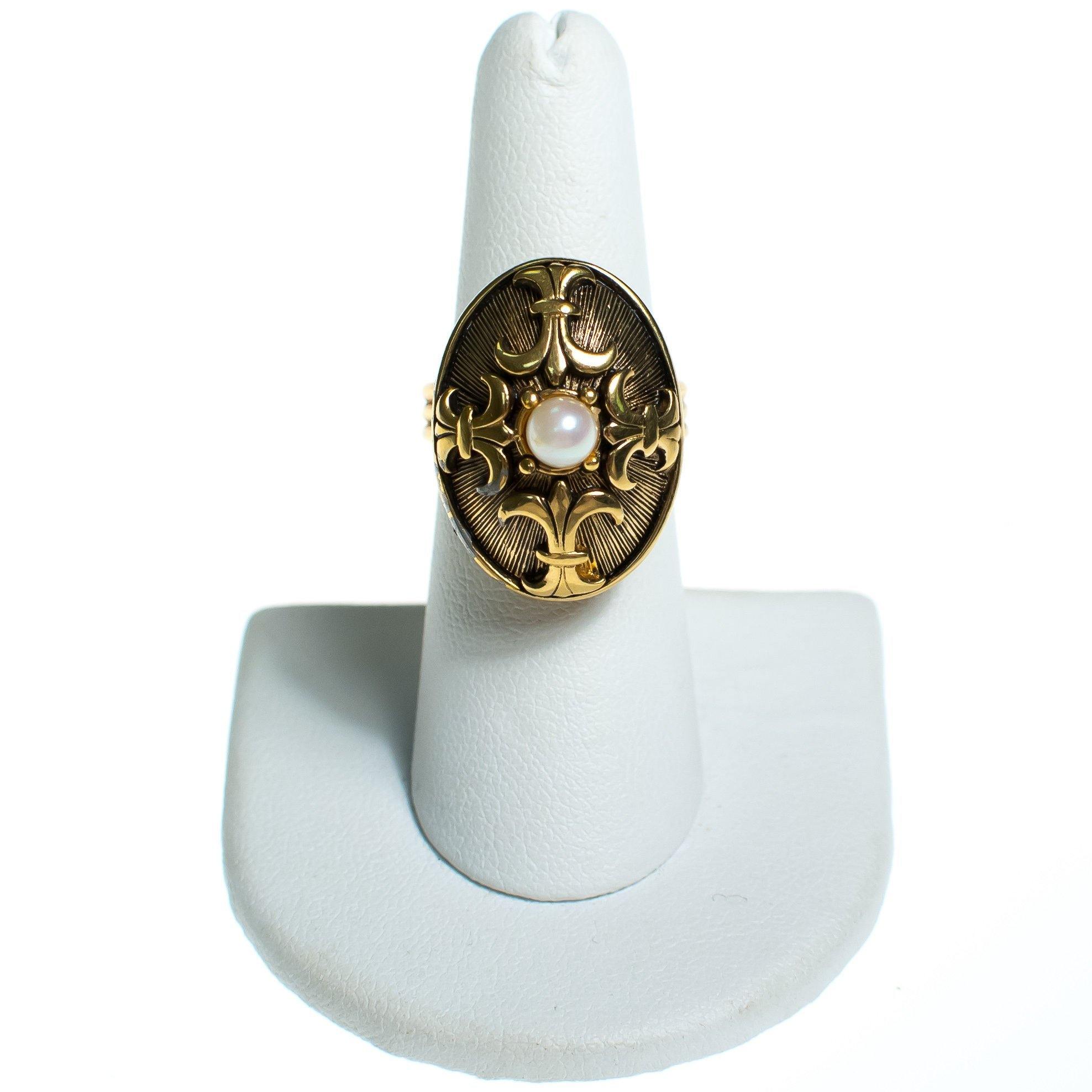 Vintage Gold Fleur de lis Design with Pearl Statement Locket Ring, Adjustable Ring by Mid Century Modern - Vintage Meet Modern Vintage Jewelry - Chicago, Illinois - #oldhollywoodglamour #vintagemeetmodern #designervintage #jewelrybox #antiquejewelry #vintagejewelry