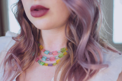 Vintage Pastel Rainbow Lucite Triple Stand Necklace by 1950s - Vintage Meet Modern Vintage Jewelry - Chicago, Illinois - #oldhollywoodglamour #vintagemeetmodern #designervintage #jewelrybox #antiquejewelry #vintagejewelry