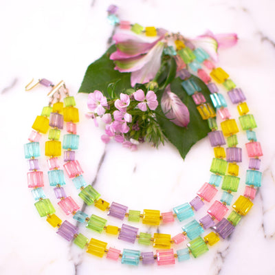 Vintage Pastel Rainbow Lucite Triple Stand Necklace by 1950s - Vintage Meet Modern Vintage Jewelry - Chicago, Illinois - #oldhollywoodglamour #vintagemeetmodern #designervintage #jewelrybox #antiquejewelry #vintagejewelry