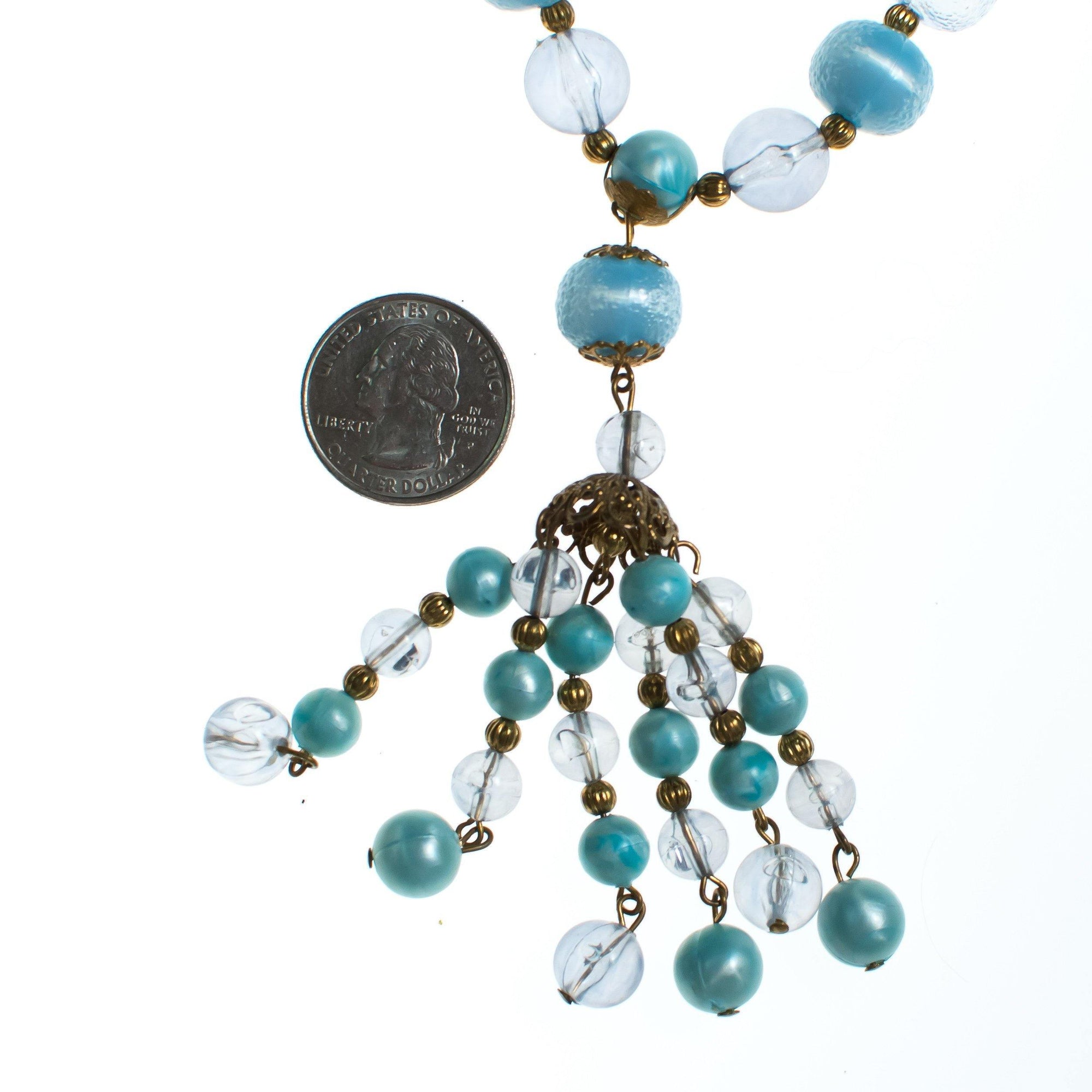 Vintage Mid Century Modern Blue Bubble Bead Lucite Tassel Necklace by Mid Century Modern - Vintage Meet Modern Vintage Jewelry - Chicago, Illinois - #oldhollywoodglamour #vintagemeetmodern #designervintage #jewelrybox #antiquejewelry #vintagejewelry