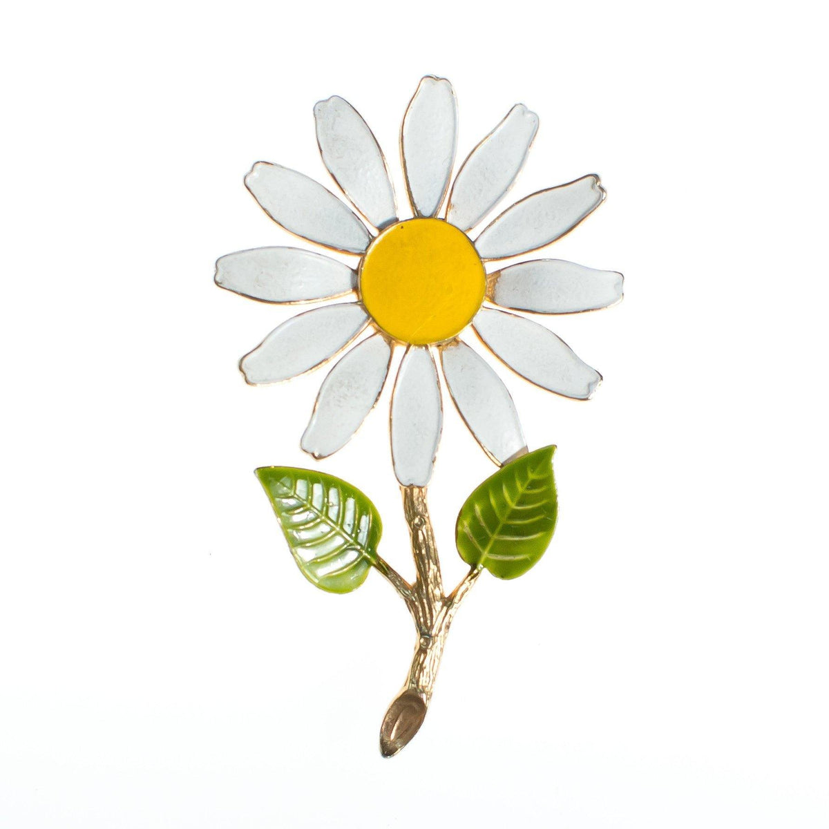 Vintage 1950s Retro Painted Enamel White and Yellow Daisy Brooch