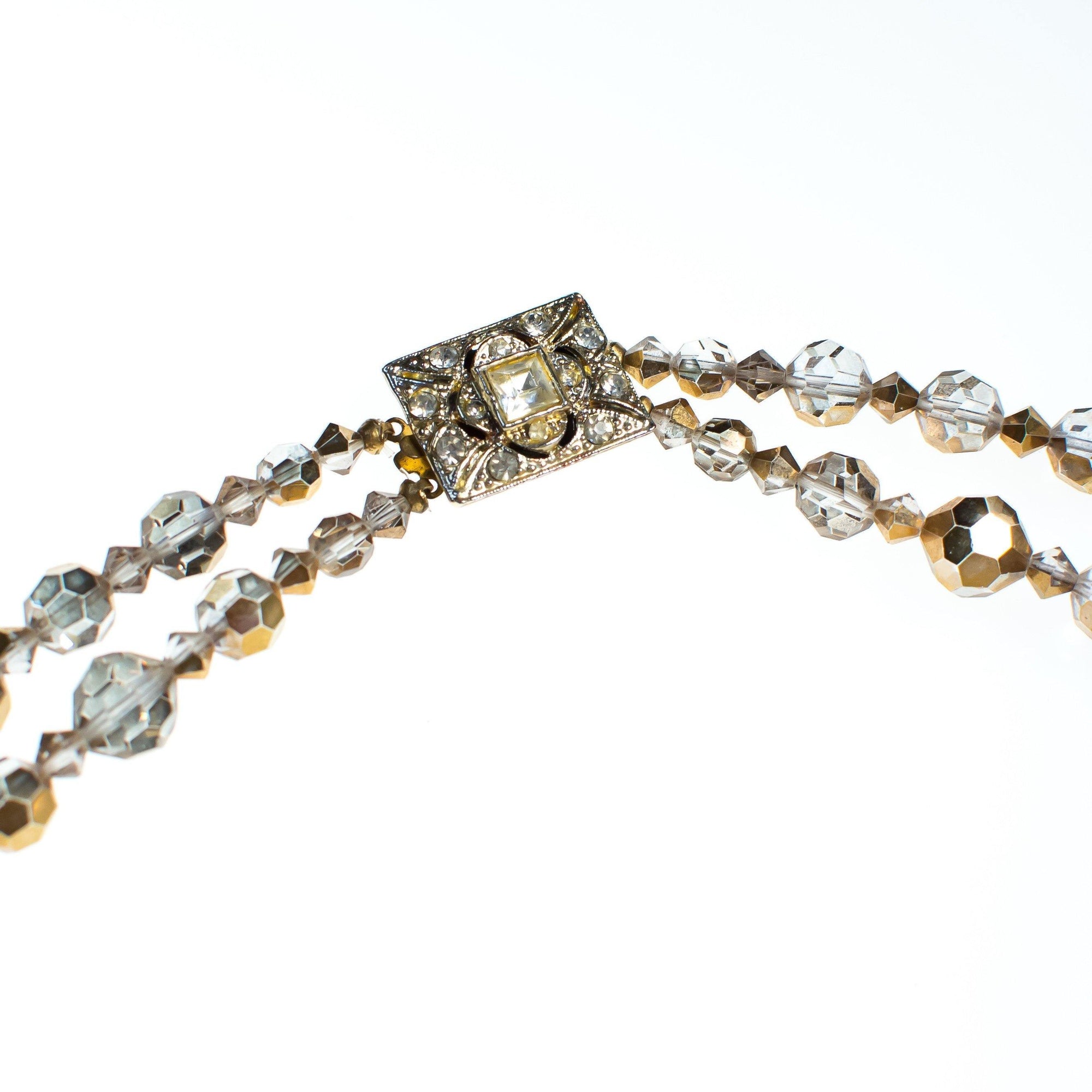 Vintage Champagne Gold Aurora Borealis Double Strand Faceted Crystal Necklace by 1950s - Vintage Meet Modern Vintage Jewelry - Chicago, Illinois - #oldhollywoodglamour #vintagemeetmodern #designervintage #jewelrybox #antiquejewelry #vintagejewelry