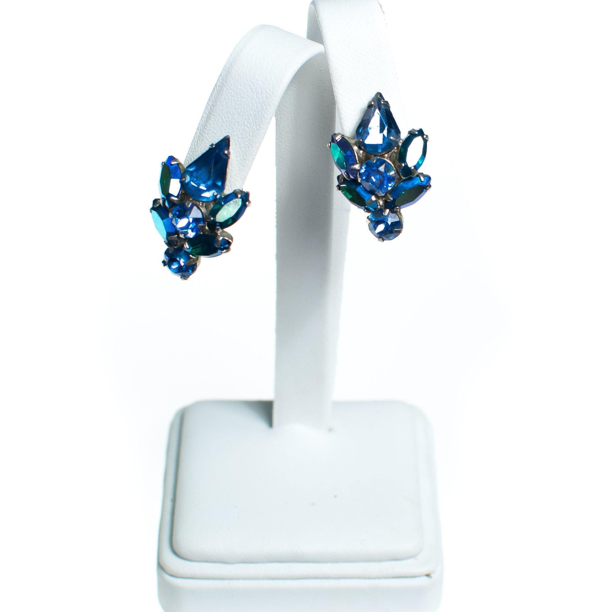 Vintage Mystic Blue Aurora Borealis Crystal Rhinestone Statement Earrings by 1950s - Vintage Meet Modern Vintage Jewelry - Chicago, Illinois - #oldhollywoodglamour #vintagemeetmodern #designervintage #jewelrybox #antiquejewelry #vintagejewelry