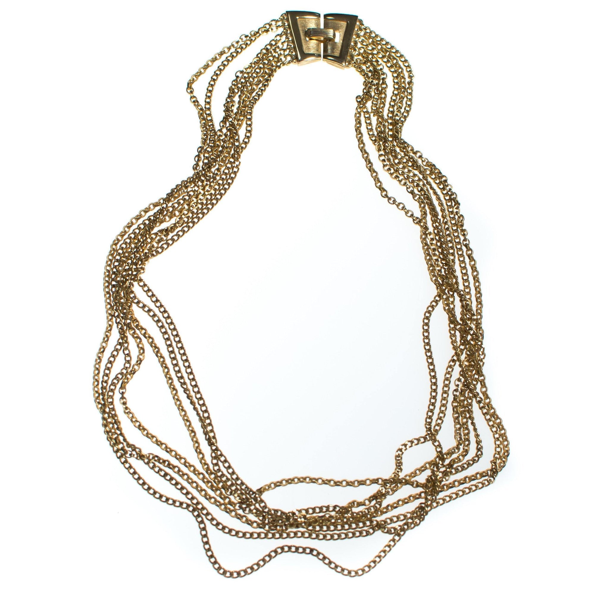 Vintage Crown Trifari Multi-strand Chain Necklace, Gold Tone, Snap Lock Clasp by Trifari - Vintage Meet Modern Vintage Jewelry - Chicago, Illinois - #oldhollywoodglamour #vintagemeetmodern #designervintage #jewelrybox #antiquejewelry #vintagejewelry