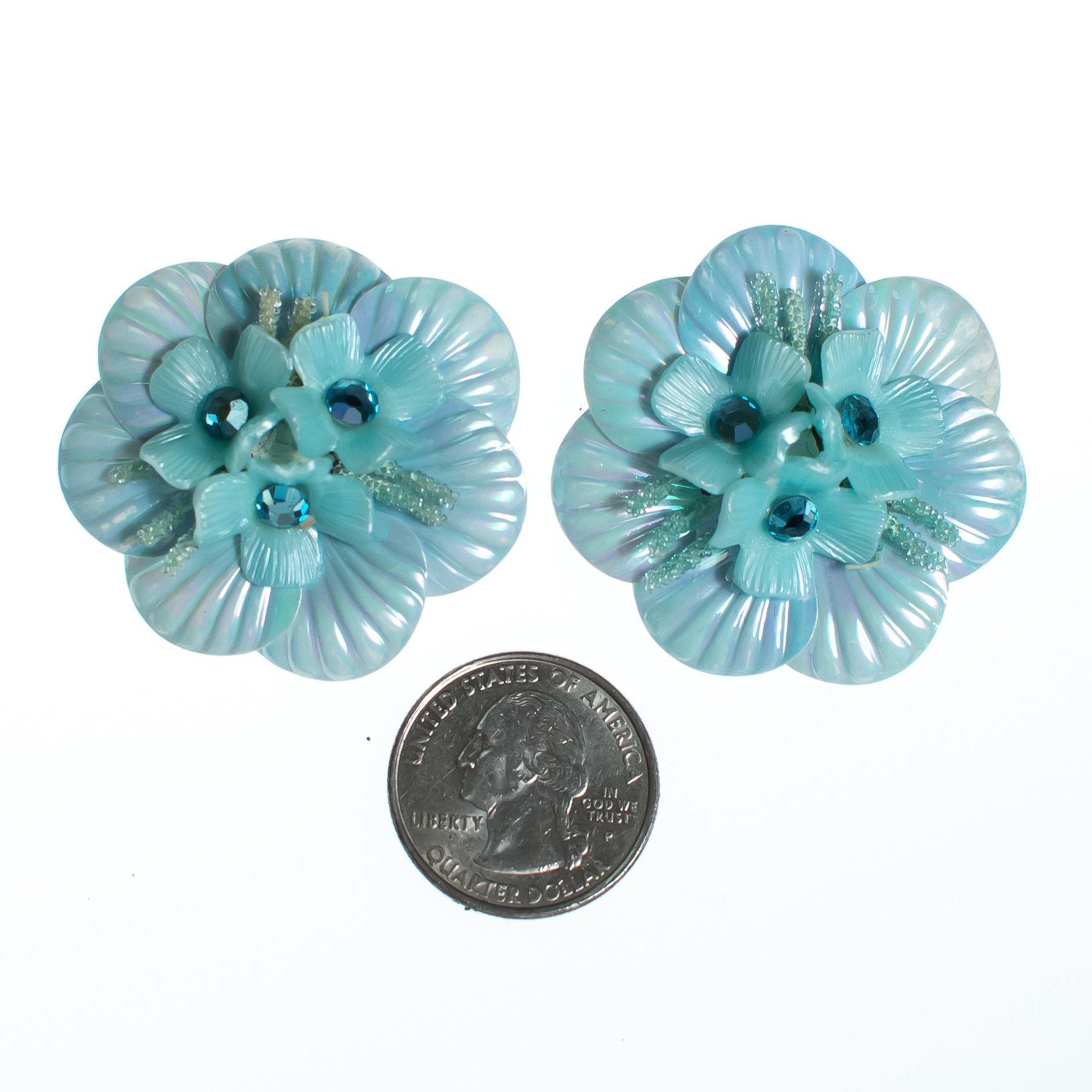 Vintage Huge Light Blue Flower Lucite Statement Earrings, Blue Rhinestones, Silver Tone Backs, Clip-on by Lucite - Vintage Meet Modern Vintage Jewelry - Chicago, Illinois - #oldhollywoodglamour #vintagemeetmodern #designervintage #jewelrybox #antiquejewelry #vintagejewelry