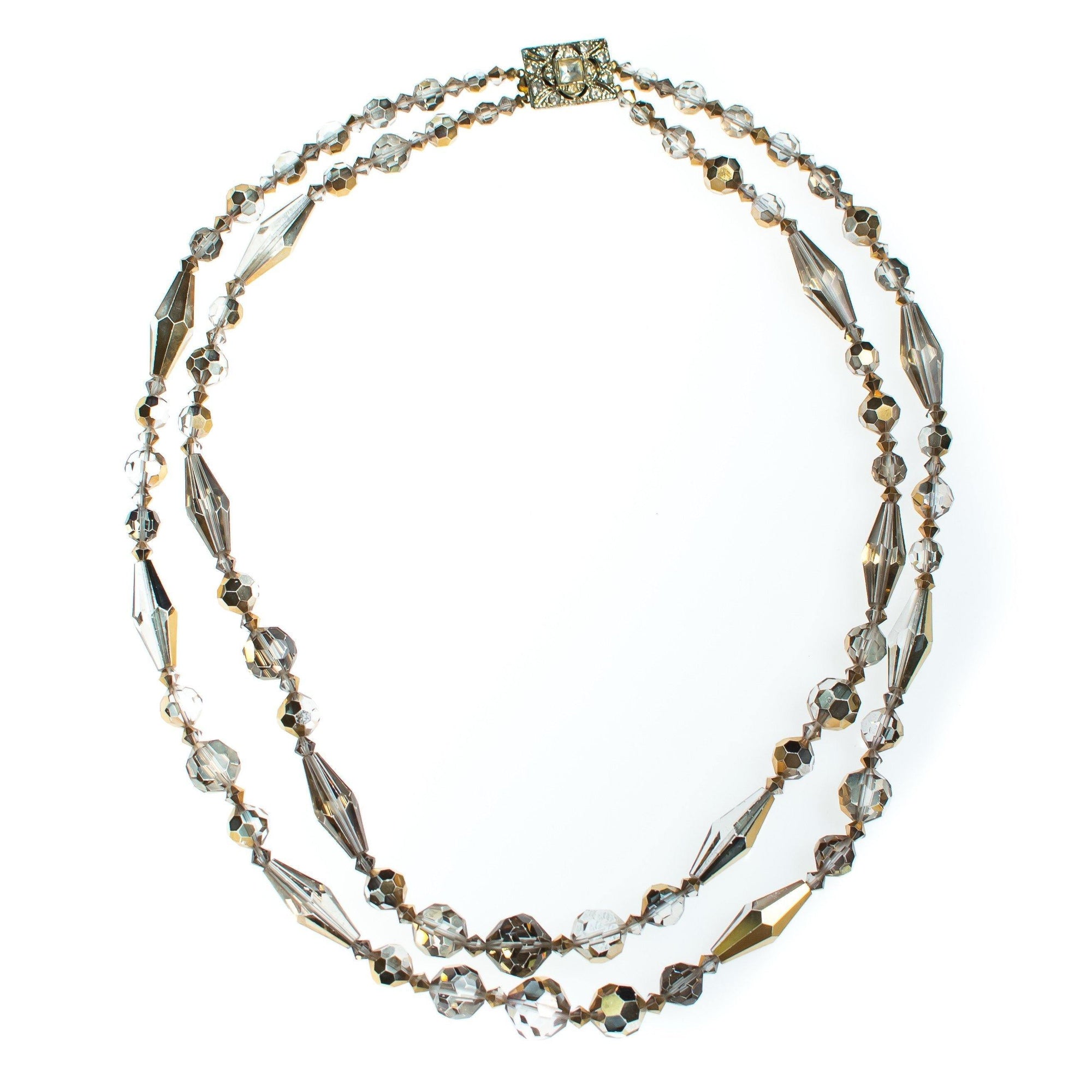 Vintage Champagne Gold Aurora Borealis Double Strand Faceted Crystal Necklace by 1950s - Vintage Meet Modern Vintage Jewelry - Chicago, Illinois - #oldhollywoodglamour #vintagemeetmodern #designervintage #jewelrybox #antiquejewelry #vintagejewelry