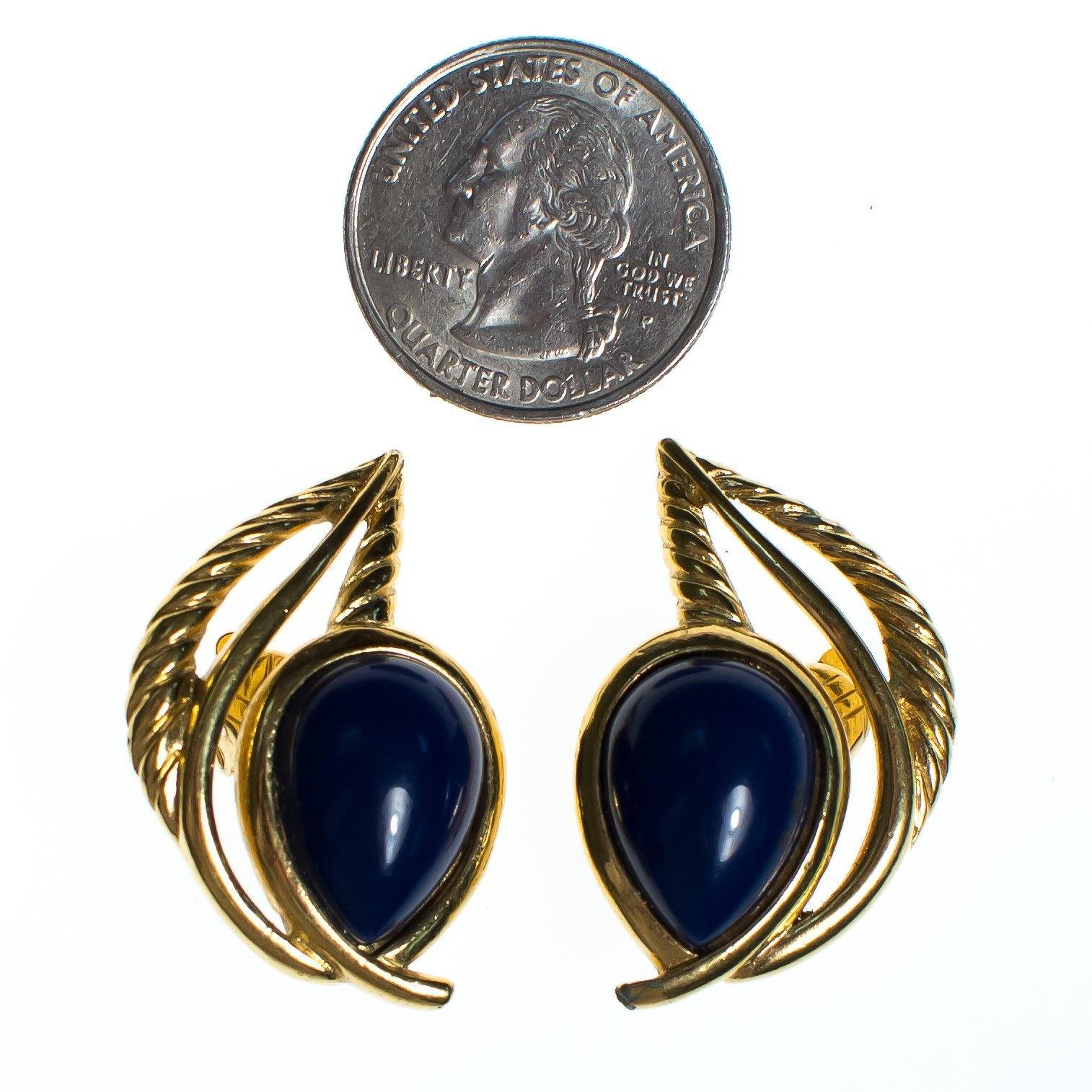 Vintage Crown Trifari Blue Cabochon Gold Leaf Modernist Statement Earrings by Crown Trifari - Vintage Meet Modern Vintage Jewelry - Chicago, Illinois - #oldhollywoodglamour #vintagemeetmodern #designervintage #jewelrybox #antiquejewelry #vintagejewelry